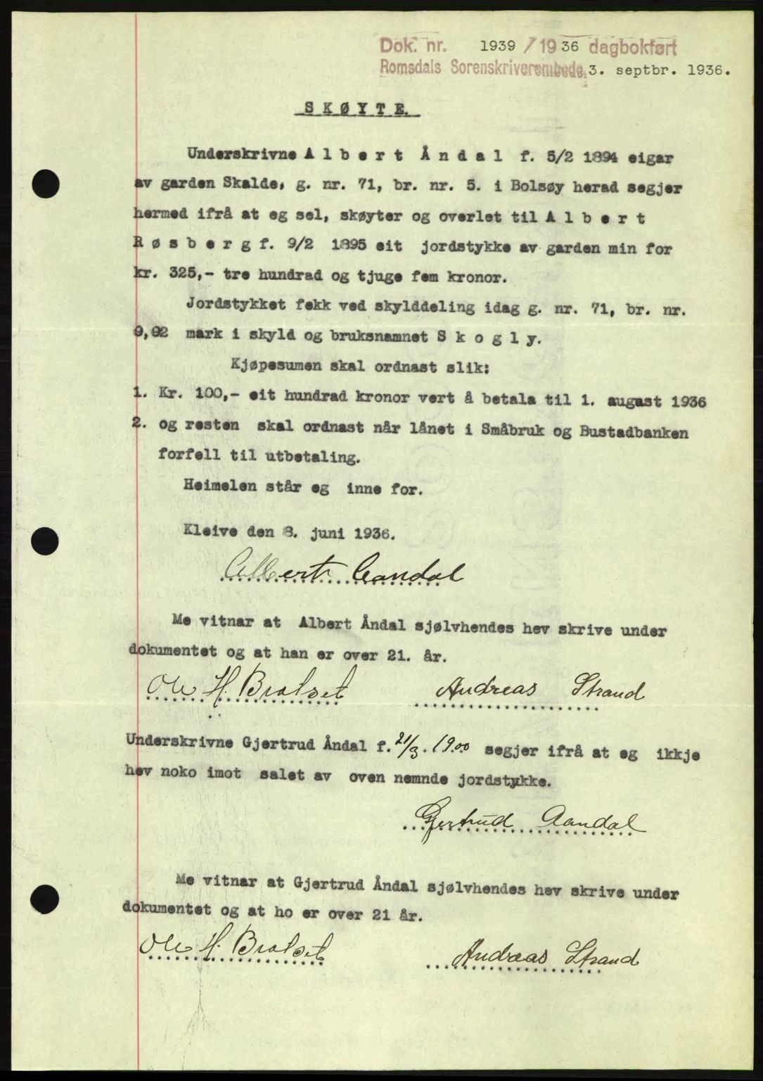 Romsdal sorenskriveri, SAT/A-4149/1/2/2C: Pantebok nr. A2, 1936-1937, Dagboknr: 1939/1936