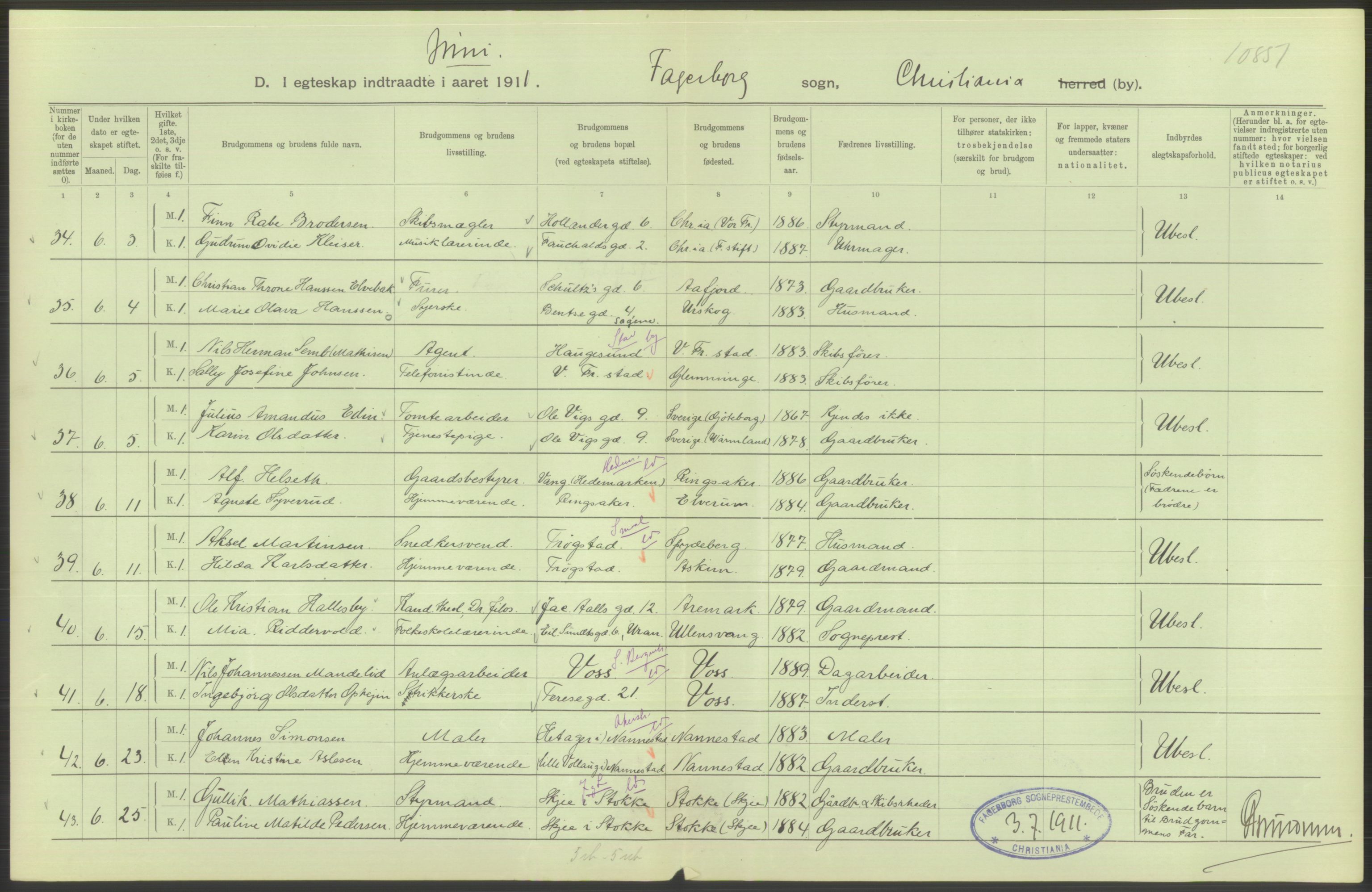 Statistisk sentralbyrå, Sosiodemografiske emner, Befolkning, AV/RA-S-2228/D/Df/Dfb/Dfba/L0008: Kristiania: Gifte, 1911, s. 344