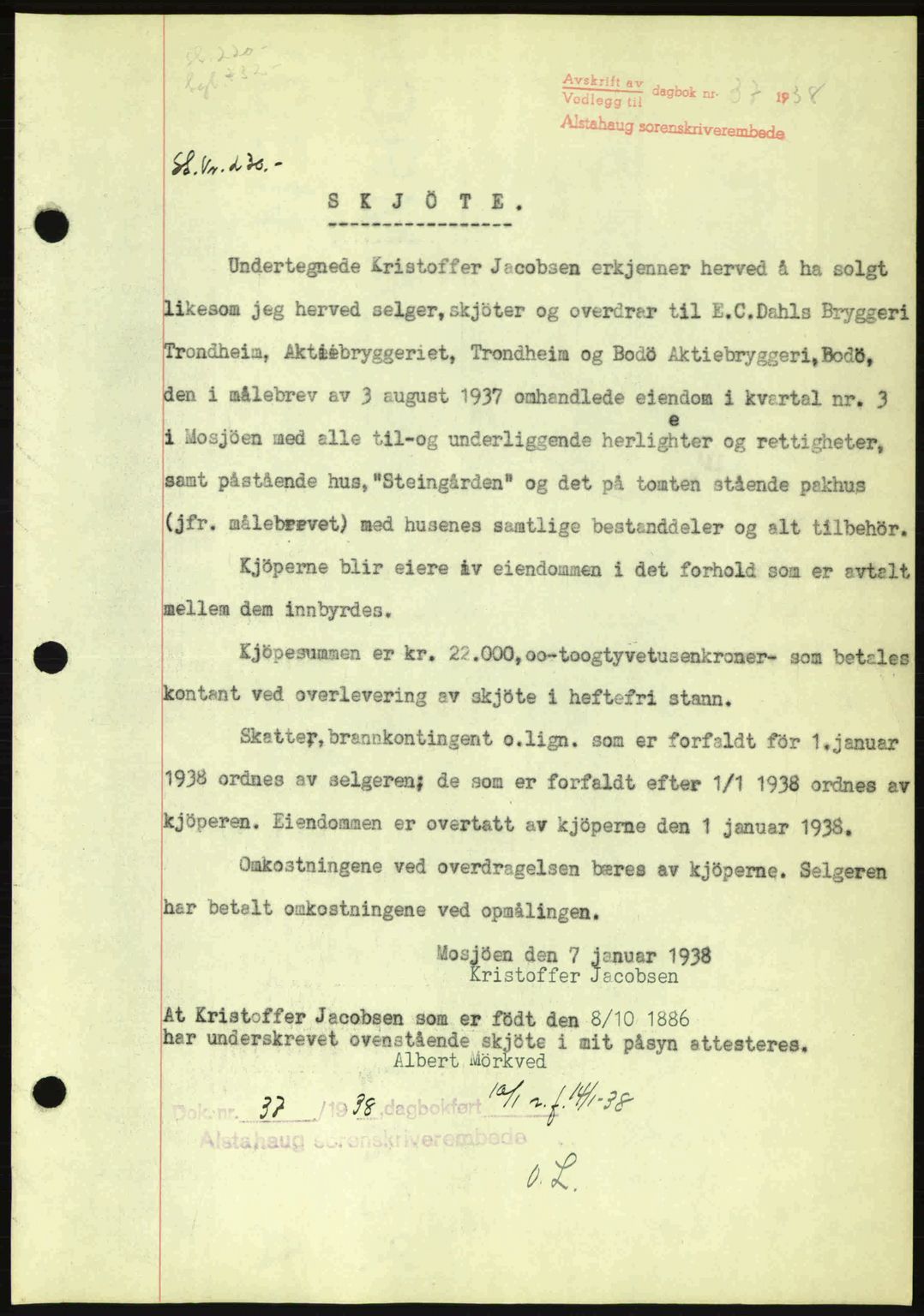 Alstahaug sorenskriveri, SAT/A-1009: Pantebok nr. A3, 1937-1938, Dagboknr: 37/1938