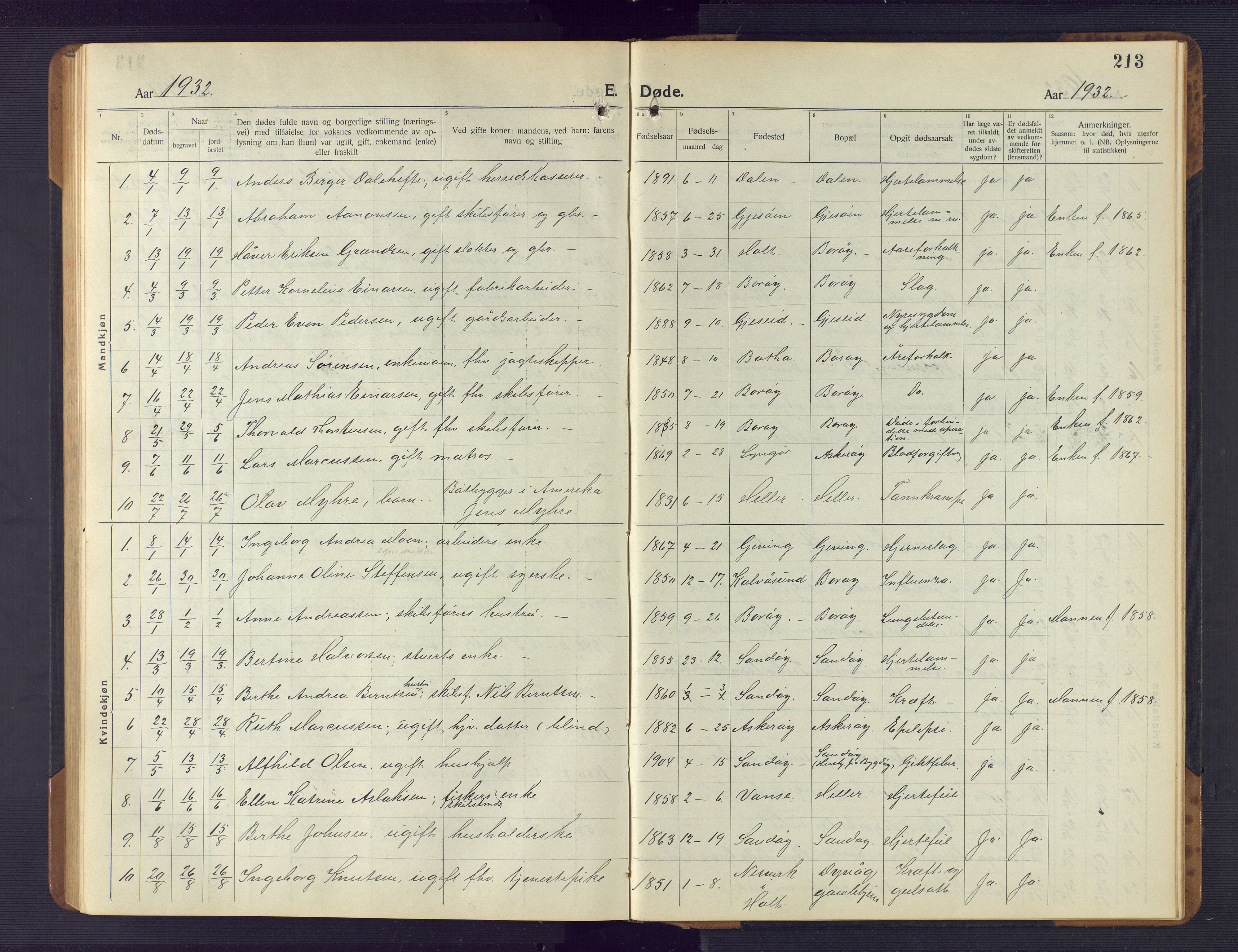 Dypvåg sokneprestkontor, AV/SAK-1111-0007/F/Fb/Fba/L0015: Klokkerbok nr. B 15, 1922-1949, s. 213