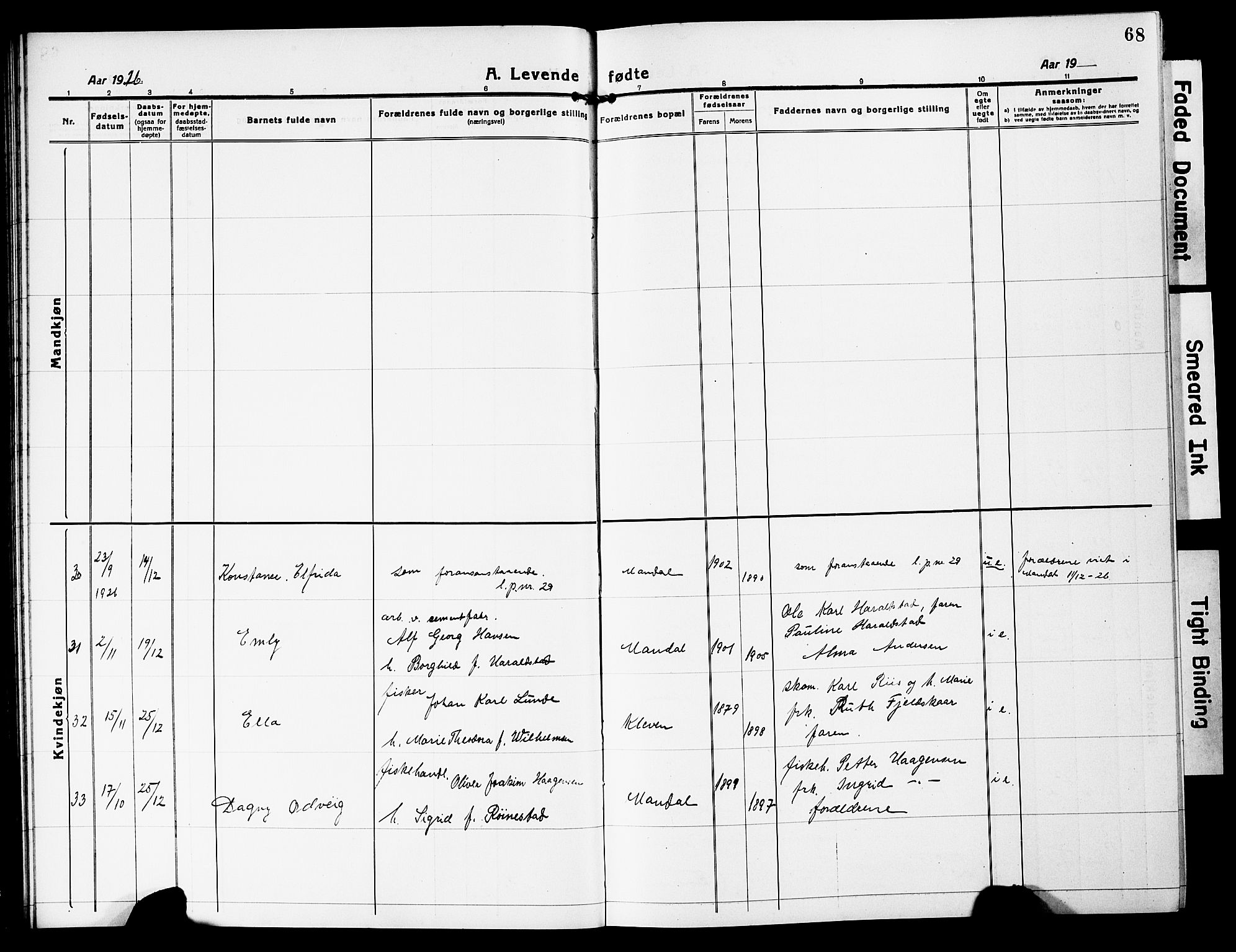 Mandal sokneprestkontor, AV/SAK-1111-0030/F/Fb/Fbc/L0001: Klokkerbok nr. B 1, 1918-1931, s. 68