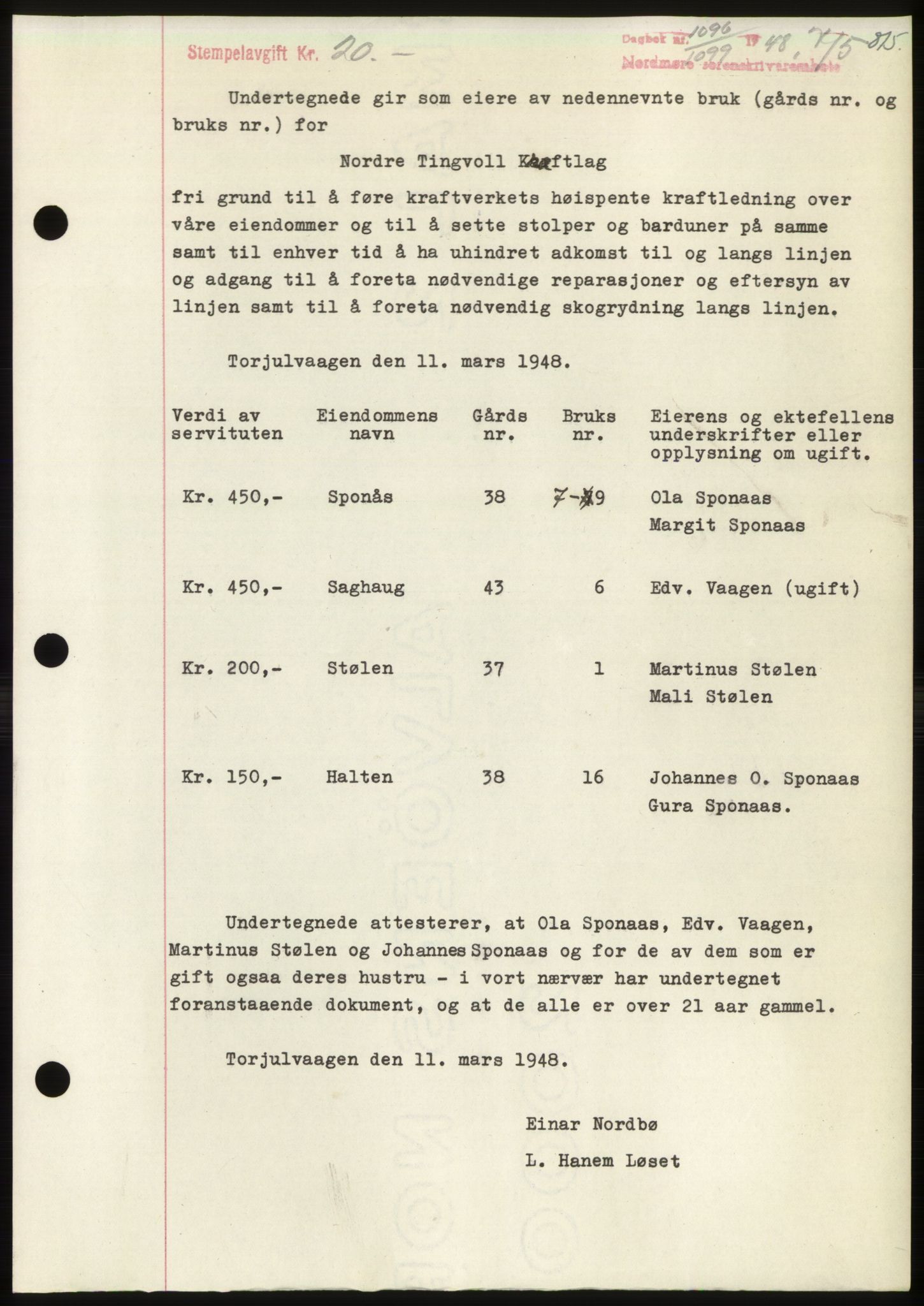 Nordmøre sorenskriveri, SAT/A-4132/1/2/2Ca: Pantebok nr. B98, 1948-1948, Dagboknr: 1096/1948
