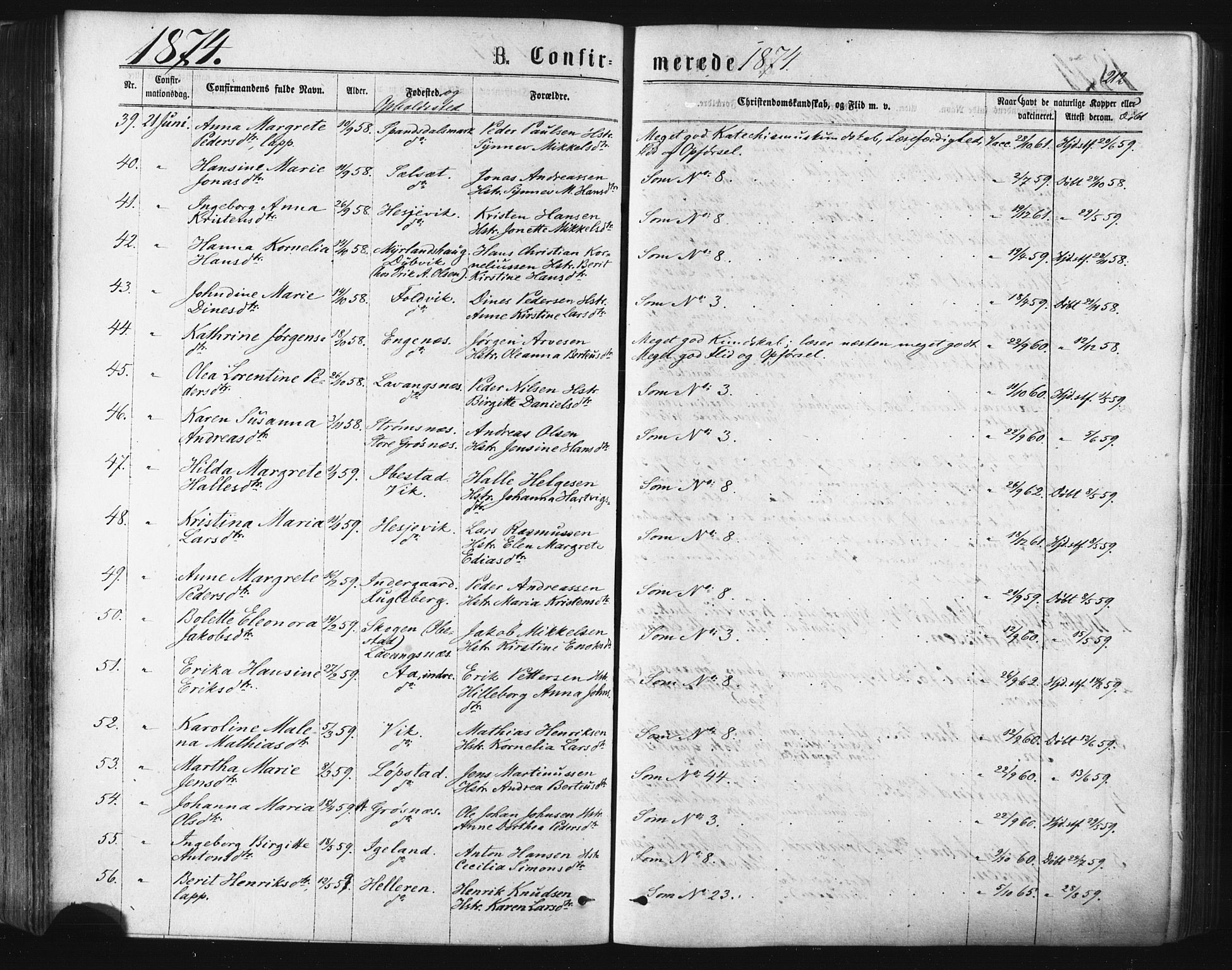 Ibestad sokneprestembete, AV/SATØ-S-0077/H/Ha/Haa/L0010kirke: Ministerialbok nr. 10, 1869-1879, s. 212