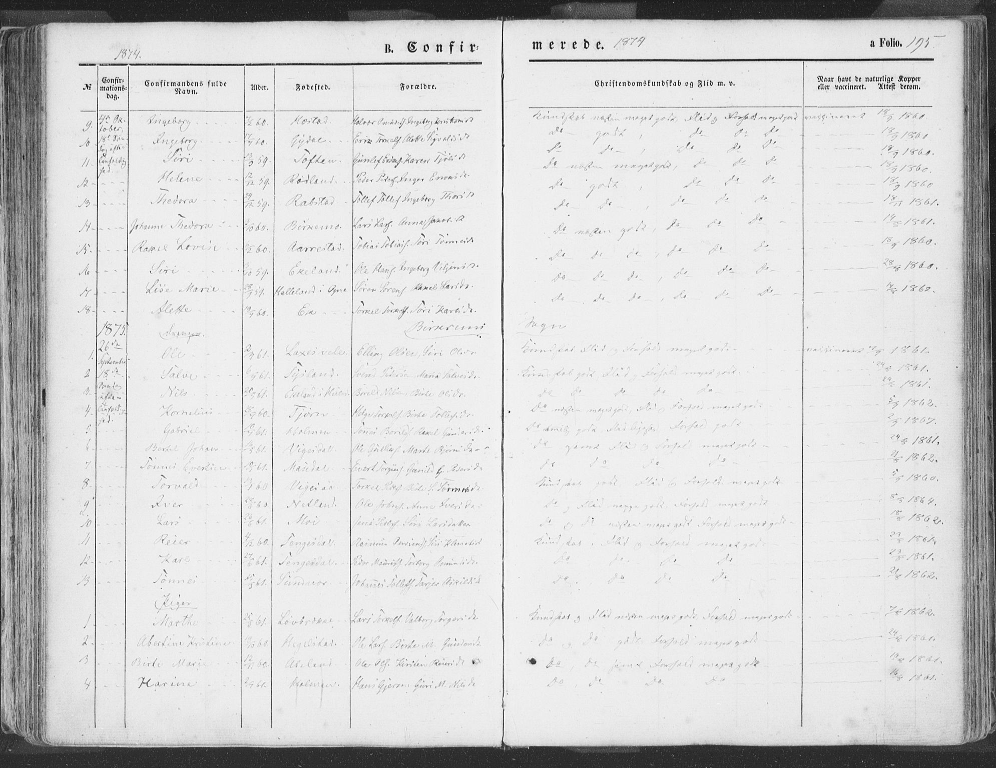 Helleland sokneprestkontor, AV/SAST-A-101810: Ministerialbok nr. A 7.1, 1863-1886, s. 195