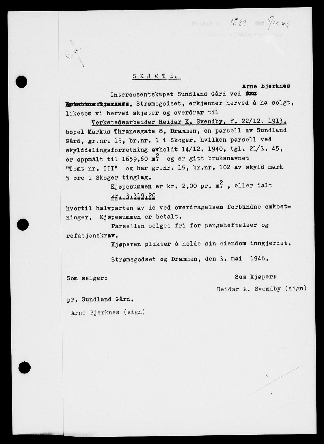Holmestrand sorenskriveri, SAKO/A-67/G/Ga/Gaa/L0061: Pantebok nr. A-61, 1946-1947, Dagboknr: 1589/1946