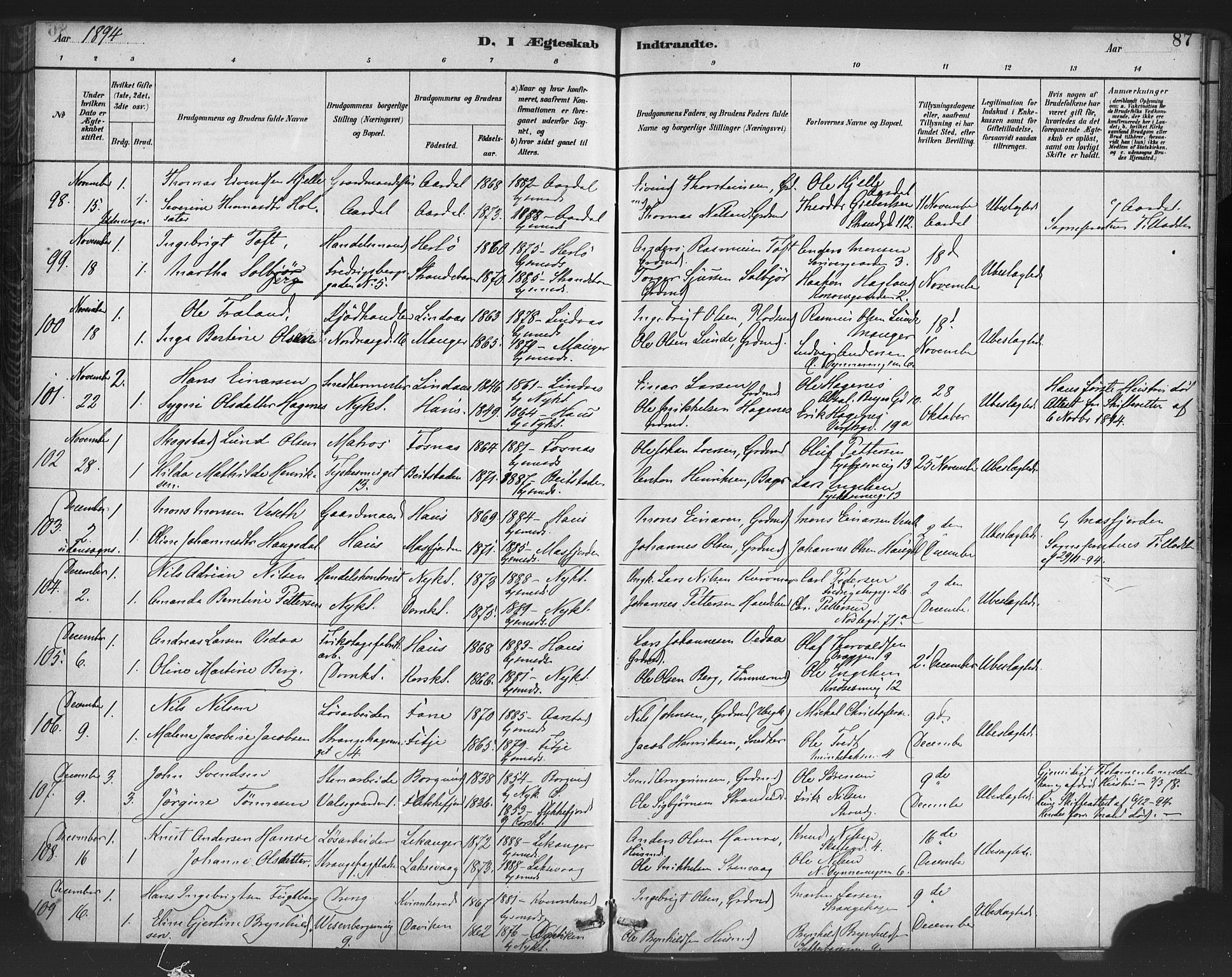Nykirken Sokneprestembete, AV/SAB-A-77101/H/Haa/L0033: Ministerialbok nr. D 3, 1884-1895, s. 87