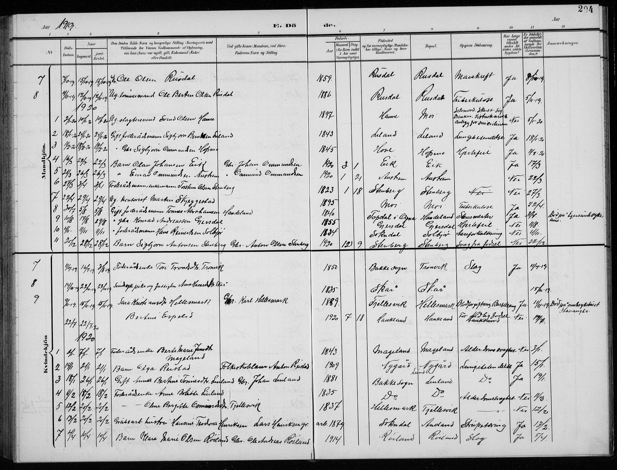 Lund sokneprestkontor, SAST/A-101809/S07/L0008: Klokkerbok nr. B 8, 1902-1936, s. 204