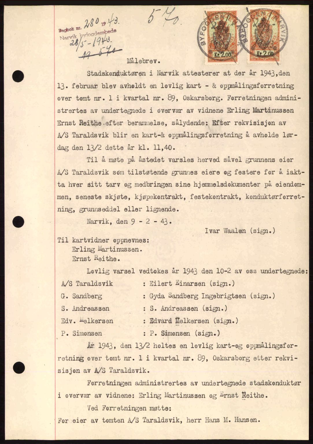 Narvik sorenskriveri, SAT/A-0002/1/2/2C/2Ca: Pantebok nr. A19, 1942-1943, Dagboknr: 280/1943