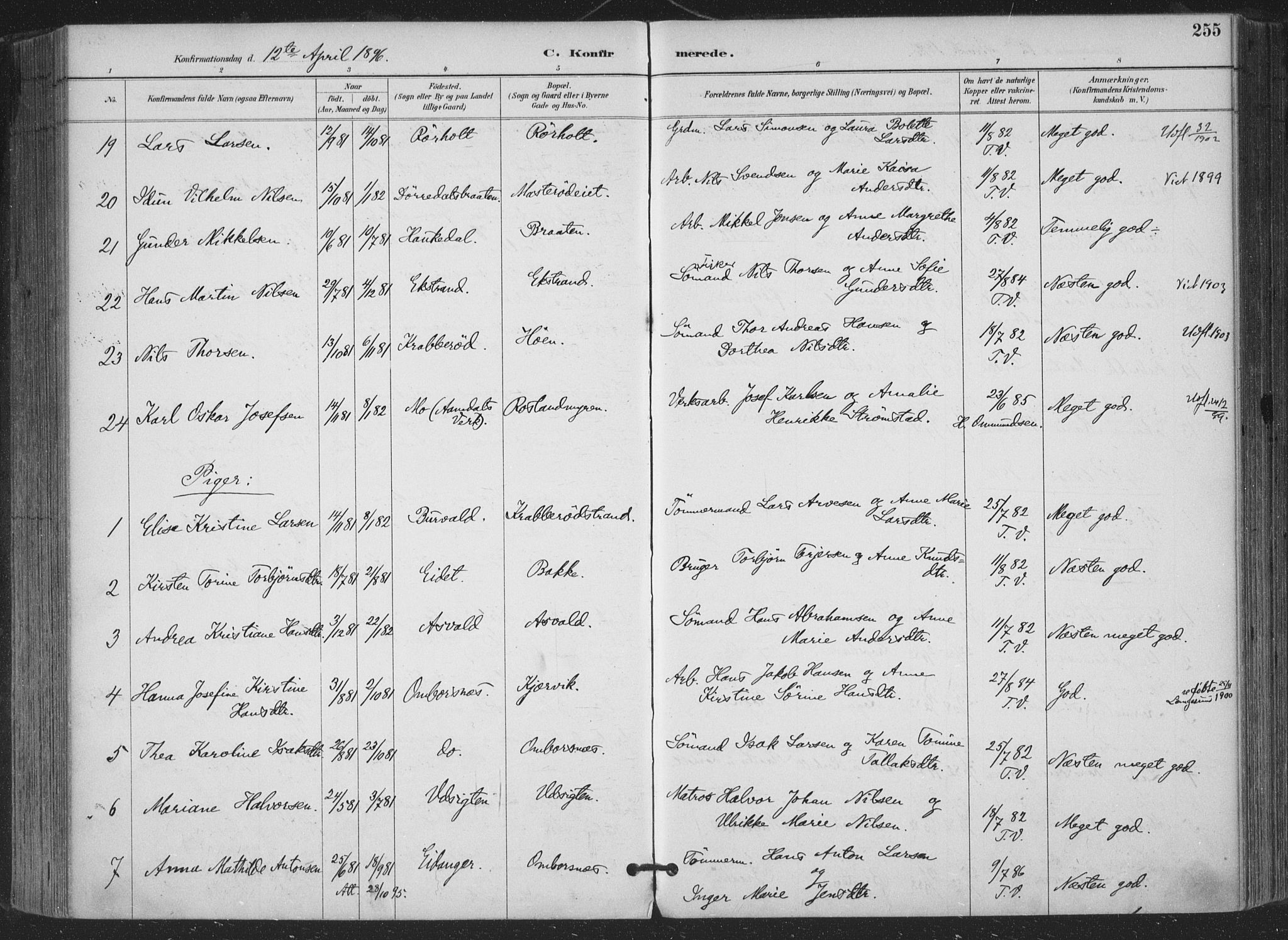 Bamble kirkebøker, AV/SAKO-A-253/F/Fa/L0008: Ministerialbok nr. I 8, 1888-1900, s. 255