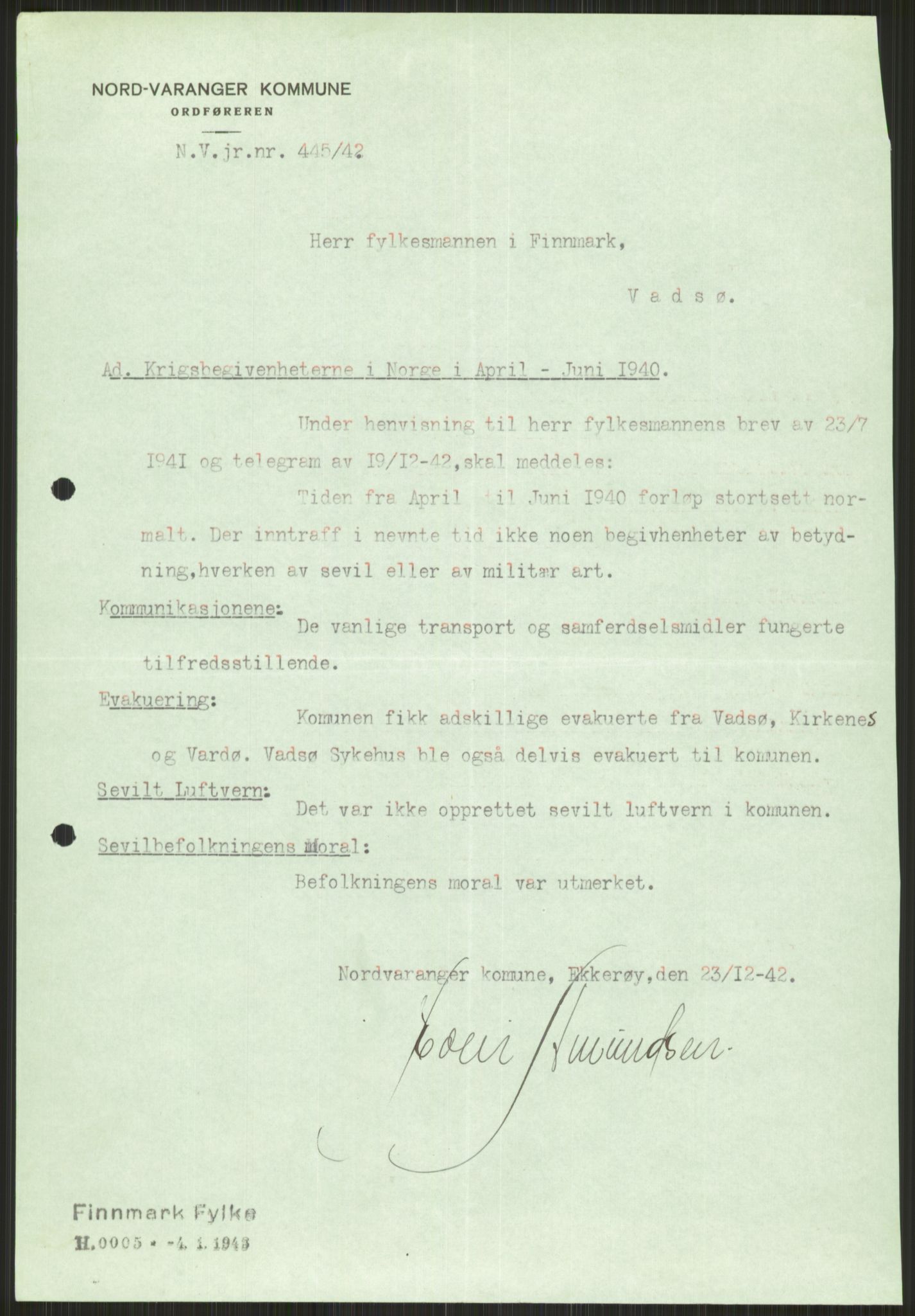 Forsvaret, Forsvarets krigshistoriske avdeling, AV/RA-RAFA-2017/Y/Ya/L0017: II-C-11-31 - Fylkesmenn.  Rapporter om krigsbegivenhetene 1940., 1940, s. 729