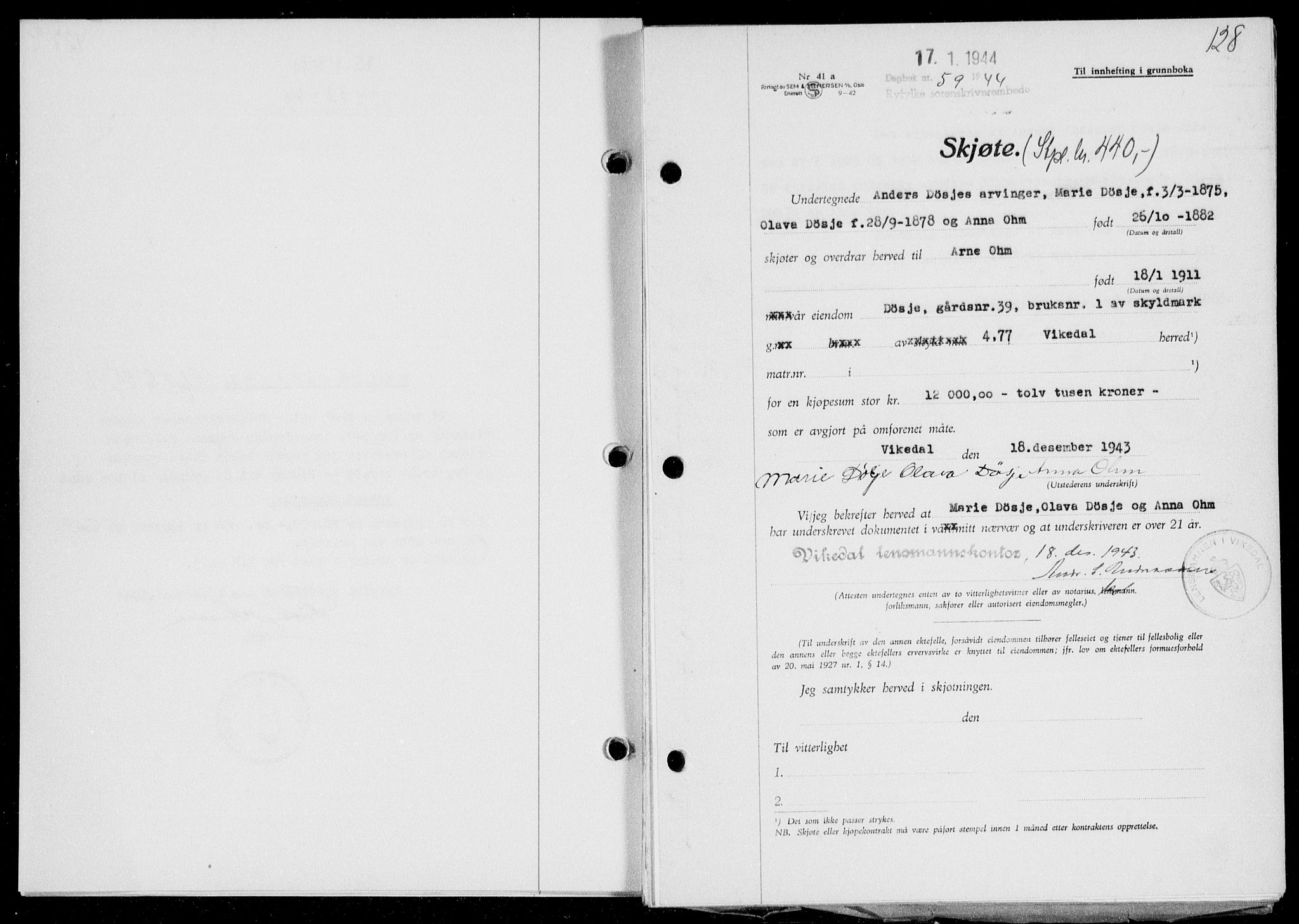 Ryfylke tingrett, SAST/A-100055/001/II/IIB/L0091: Pantebok nr. 70, 1943-1944, Dagboknr: 59/1944