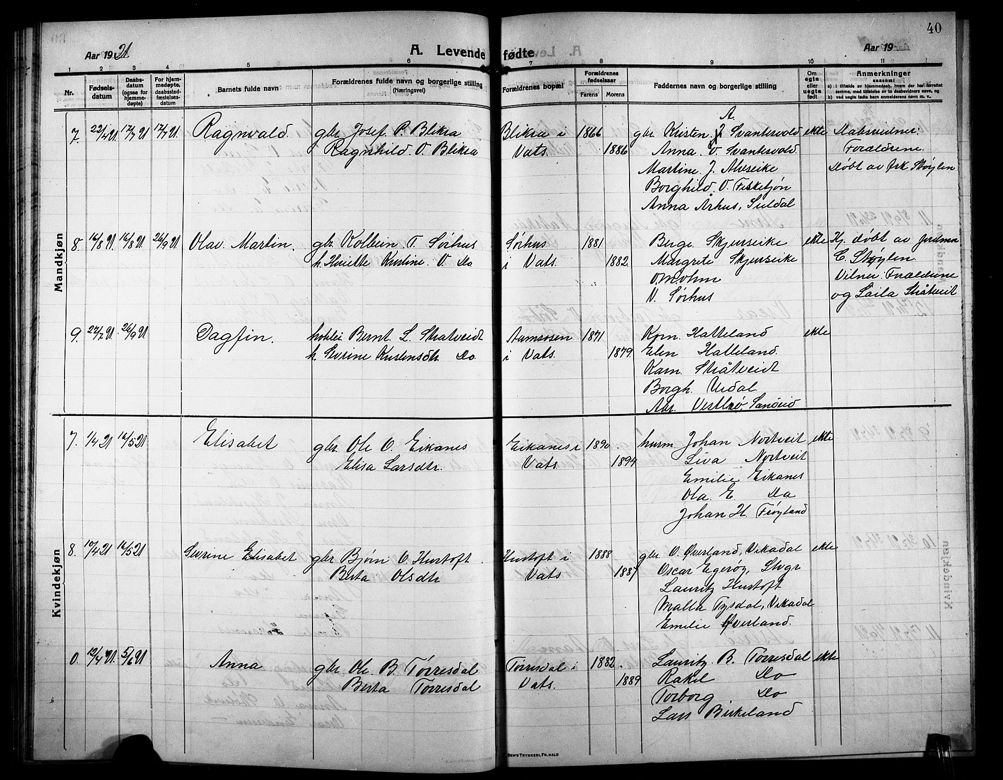 Skjold sokneprestkontor, AV/SAST-A-101847/H/Ha/Hab/L0009: Klokkerbok nr. B 9, 1914-1925, s. 40