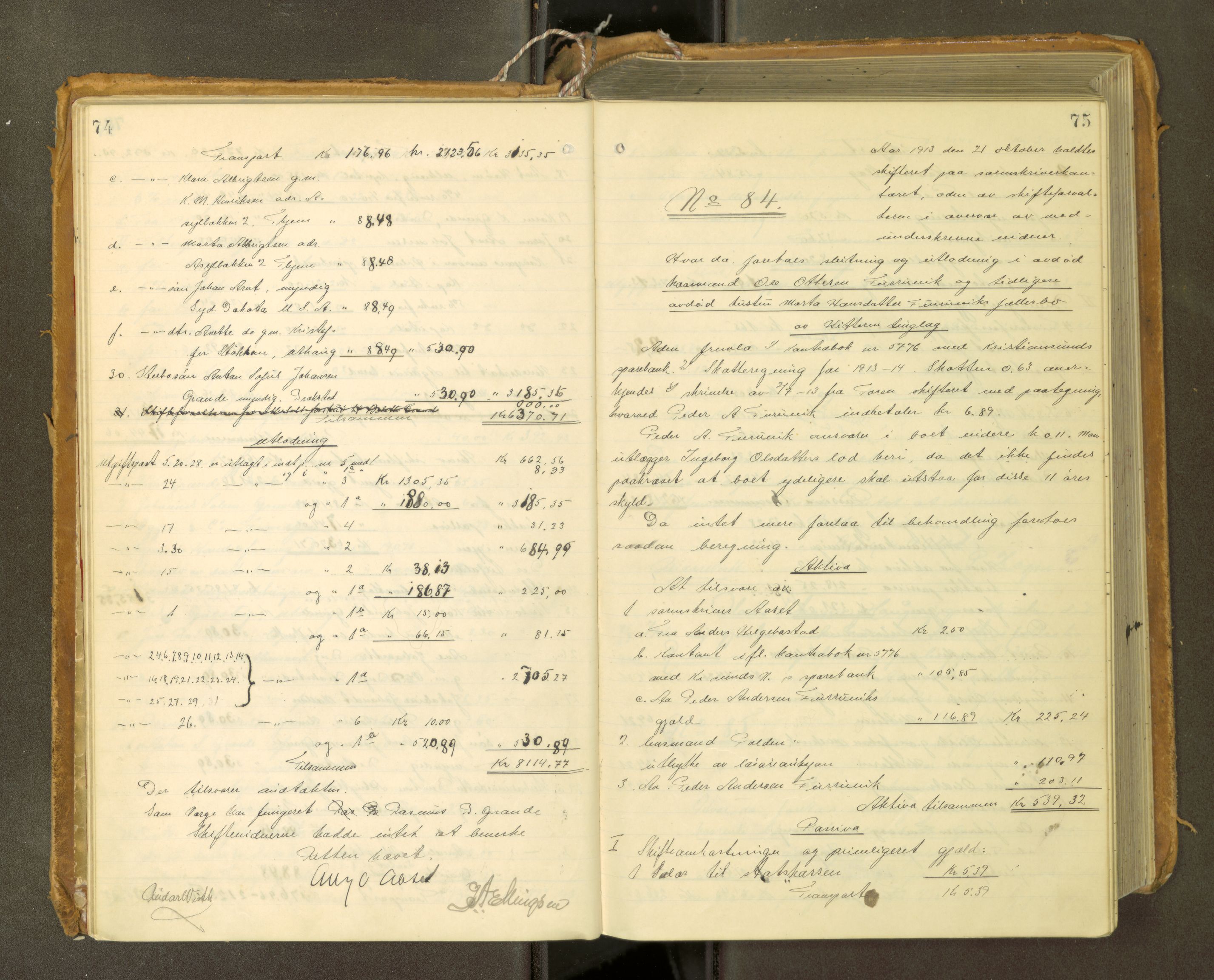 Fosen sorenskriveri, AV/SAT-A-1107/1/3/3A/L0031: Skifteutlodningsprotokoll nr. 10, 1913-1919, s. 74-75