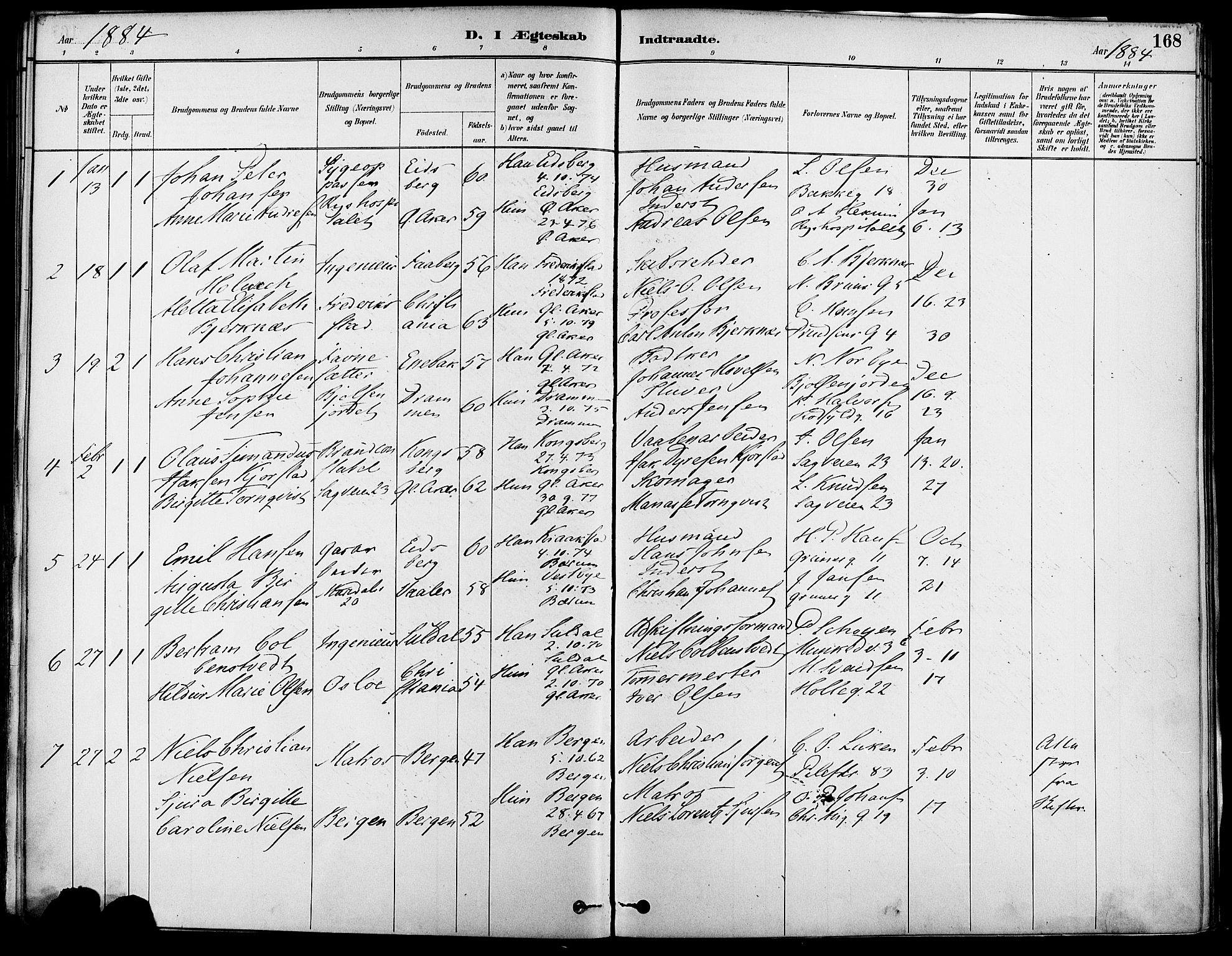 Gamle Aker prestekontor Kirkebøker, AV/SAO-A-10617a/F/L0007: Ministerialbok nr. 7, 1882-1890, s. 168