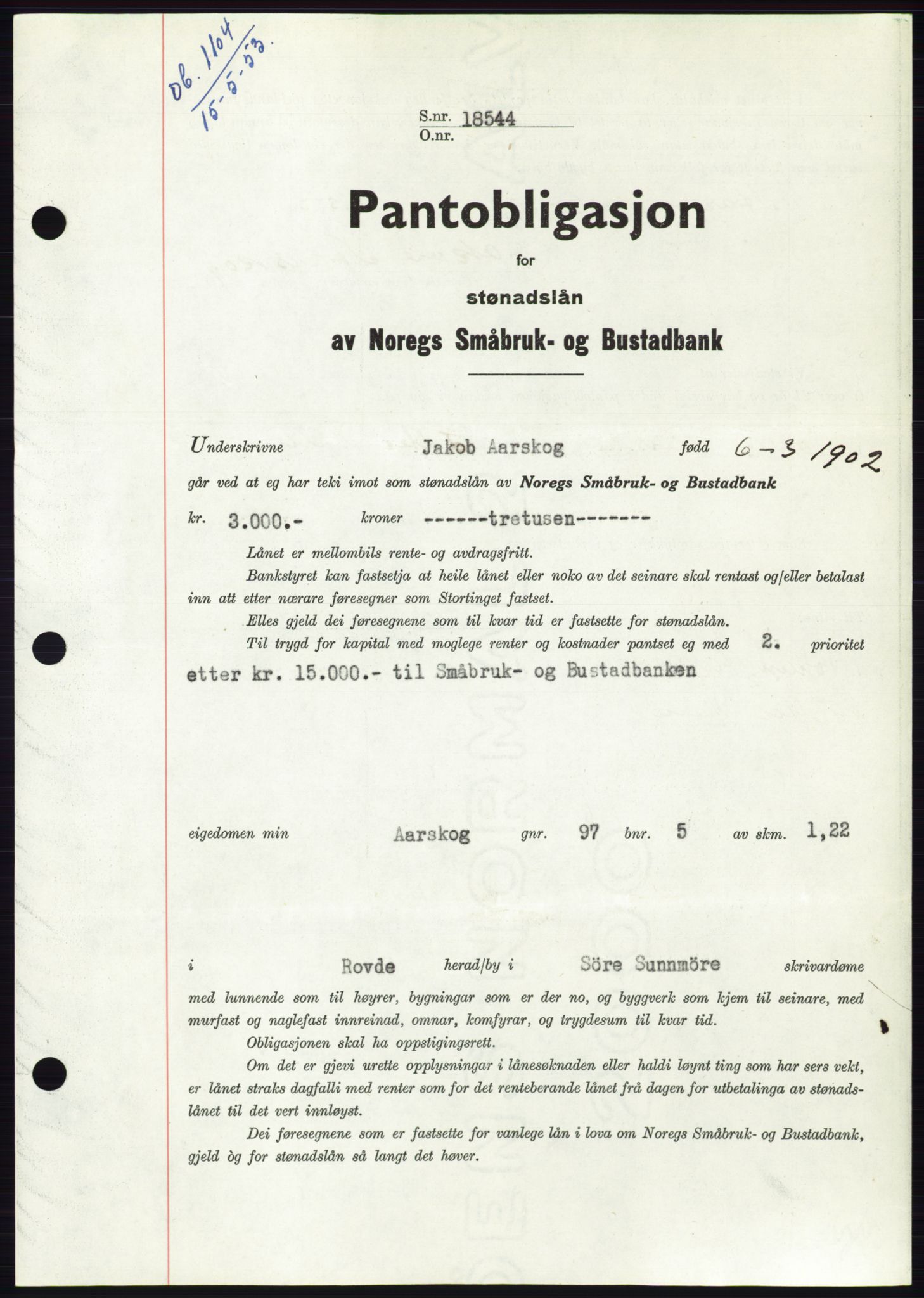 Søre Sunnmøre sorenskriveri, SAT/A-4122/1/2/2C/L0123: Pantebok nr. 11B, 1953-1953, Dagboknr: 1104/1953