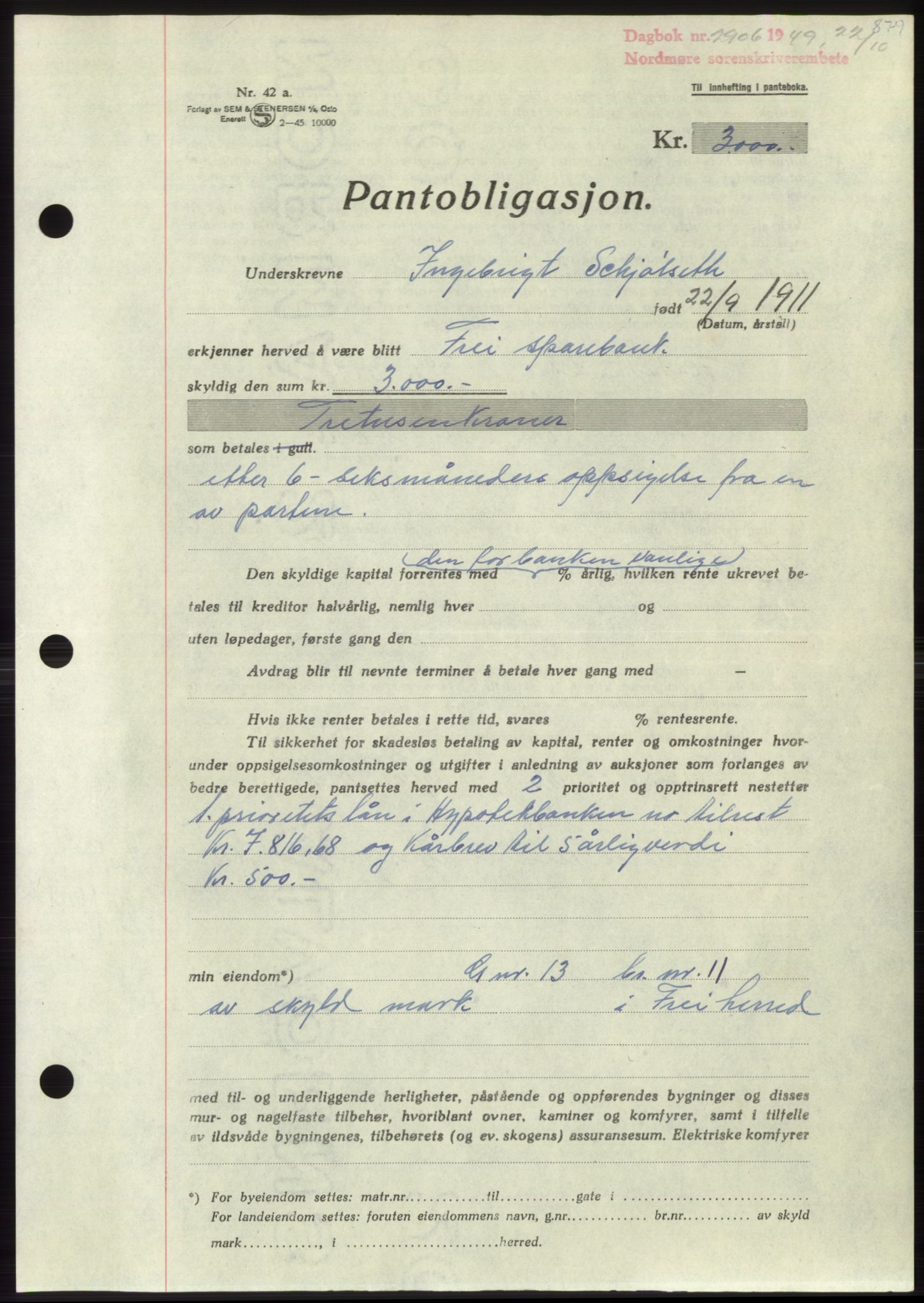 Nordmøre sorenskriveri, SAT/A-4132/1/2/2Ca: Pantebok nr. B102, 1949-1949, Dagboknr: 2906/1949