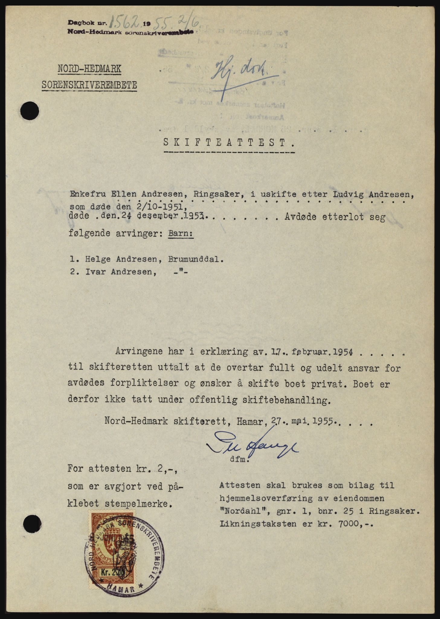 Nord-Hedmark sorenskriveri, SAH/TING-012/H/Hc/L0010: Pantebok nr. 10, 1955-1956, Dagboknr: 1562/1955