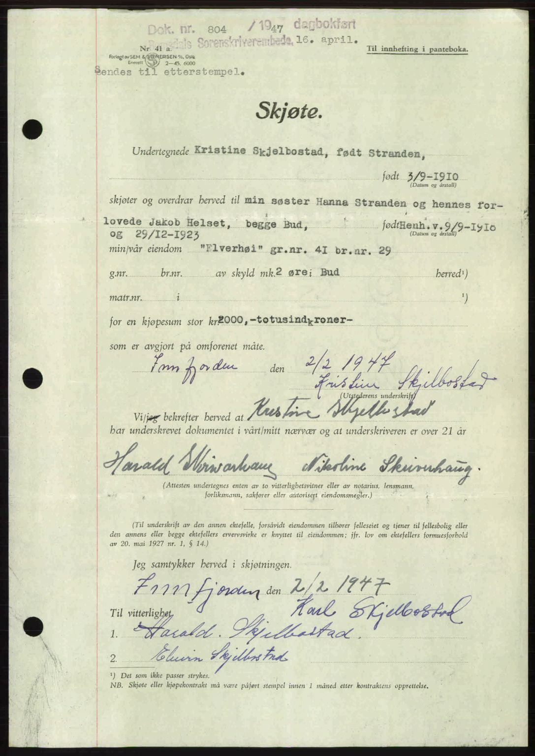 Romsdal sorenskriveri, SAT/A-4149/1/2/2C: Pantebok nr. A22, 1947-1947, Dagboknr: 804/1947