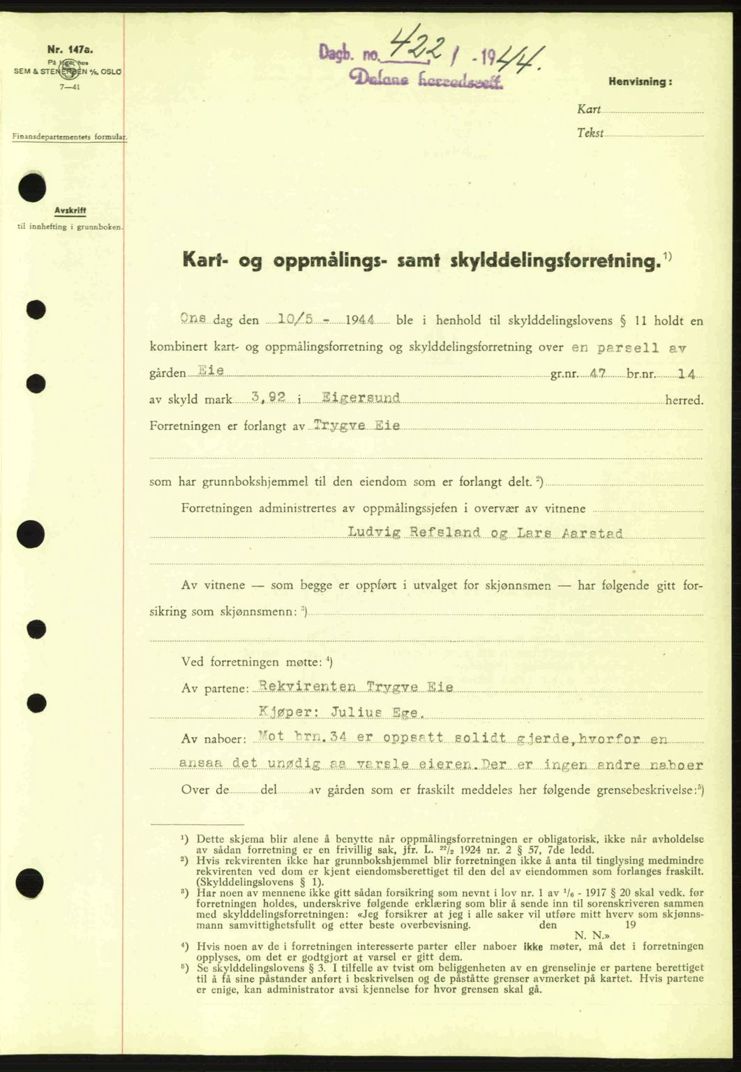 Dalane sorenskriveri, SAST/A-100309/02/G/Gb/L0047: Pantebok nr. A8 I, 1944-1945, Dagboknr: 422/1944
