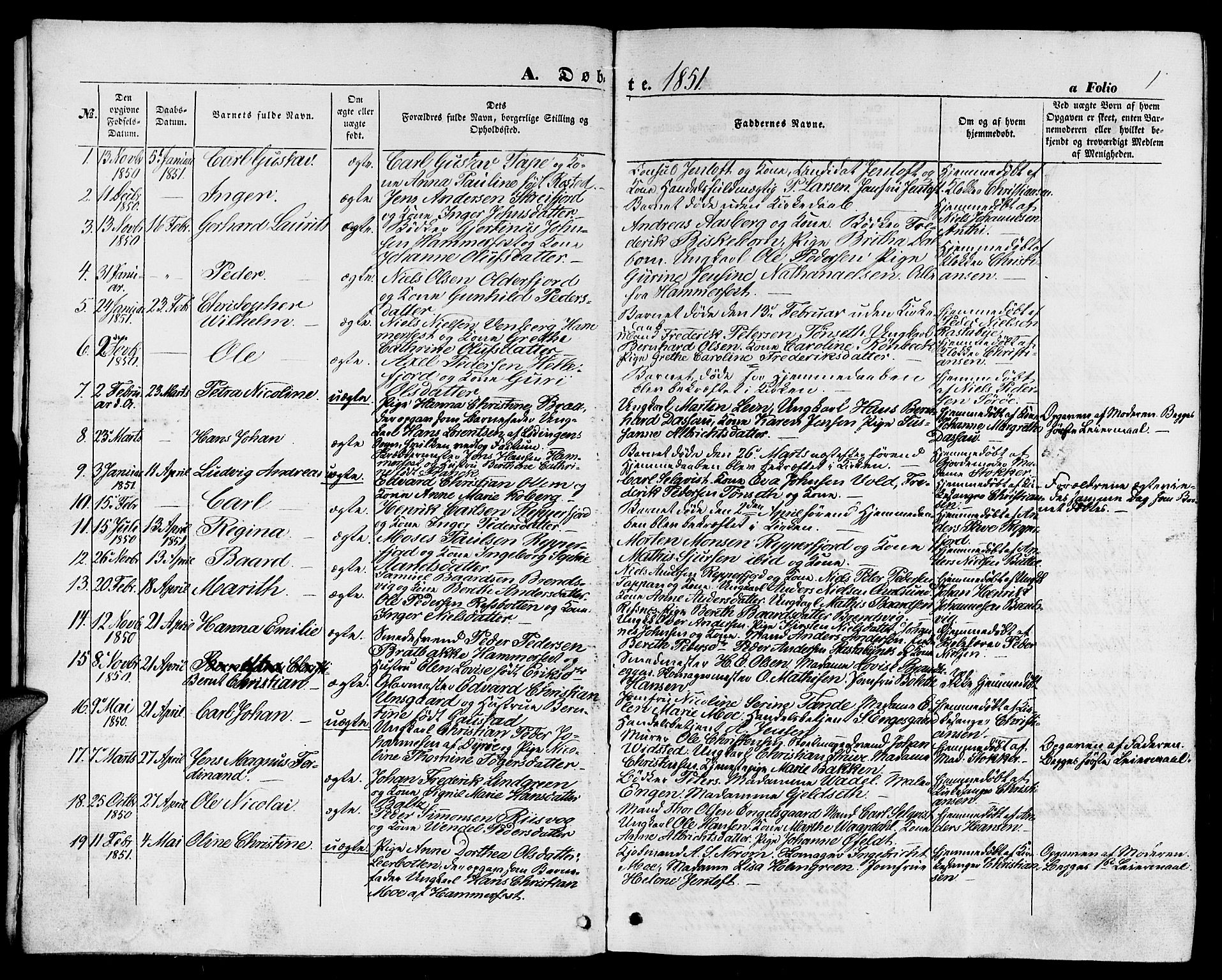 Hammerfest sokneprestkontor, AV/SATØ-S-1347/H/Hb/L0002.klokk: Klokkerbok nr. 2, 1851-1861, s. 1