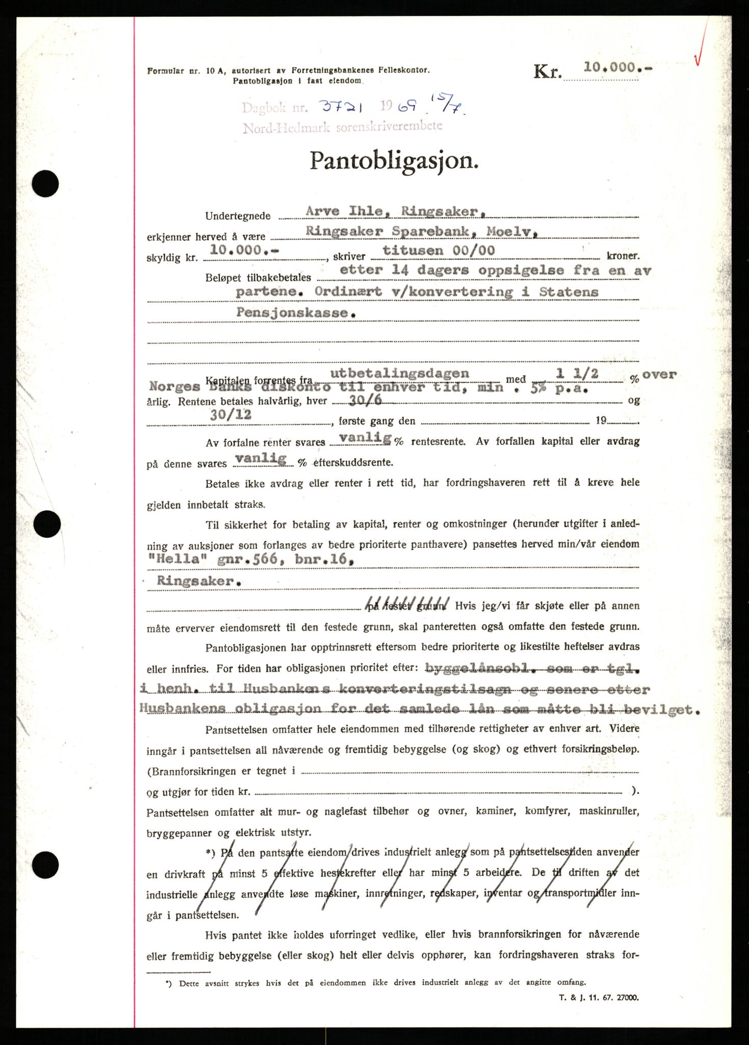 Nord-Hedmark sorenskriveri, SAH/TING-012/H/Hb/Hbf/L0080: Pantebok nr. B80, 1969-1969, Dagboknr: 3721/1969