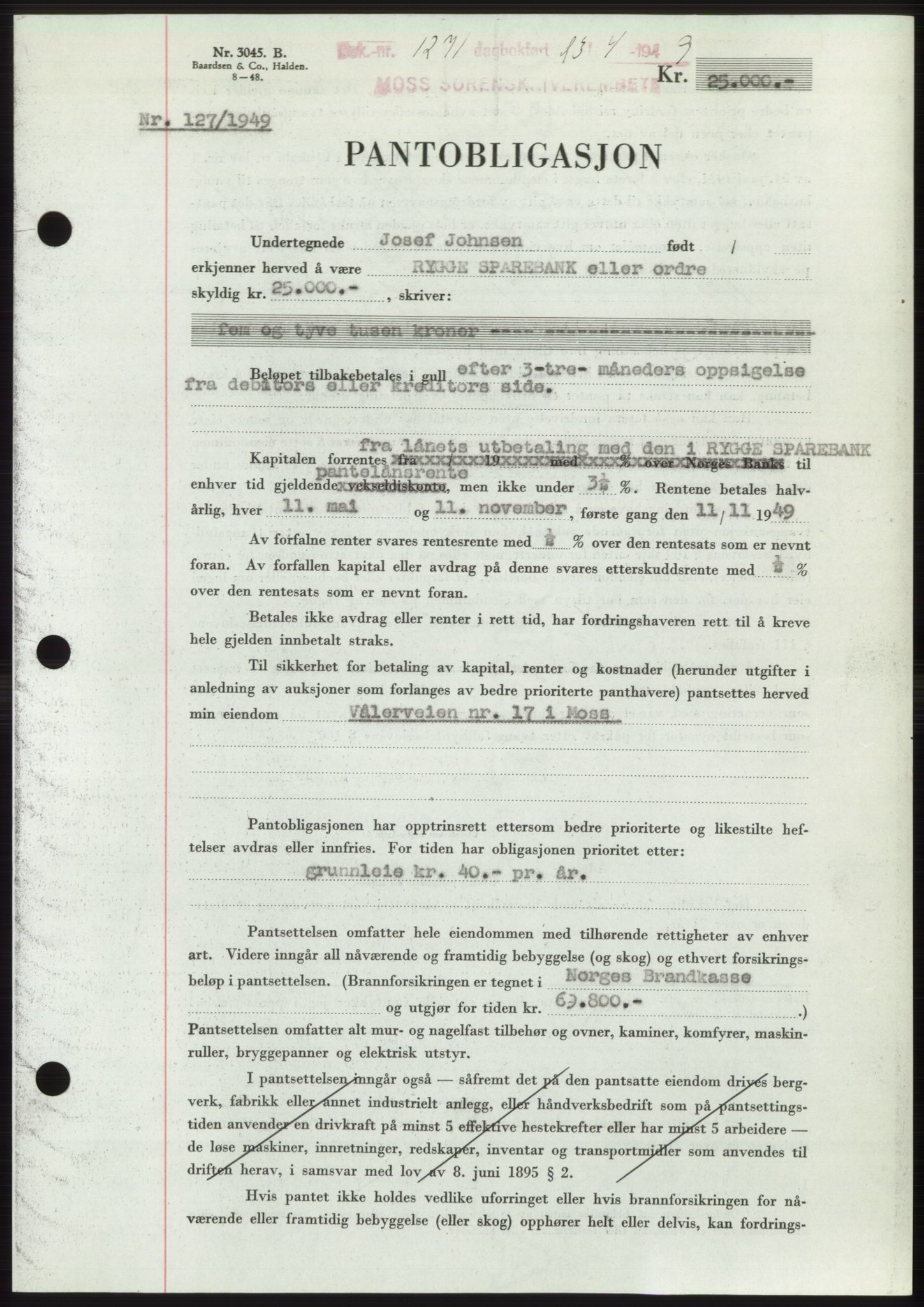 Moss sorenskriveri, SAO/A-10168: Pantebok nr. B21, 1949-1949, Dagboknr: 1271/1949