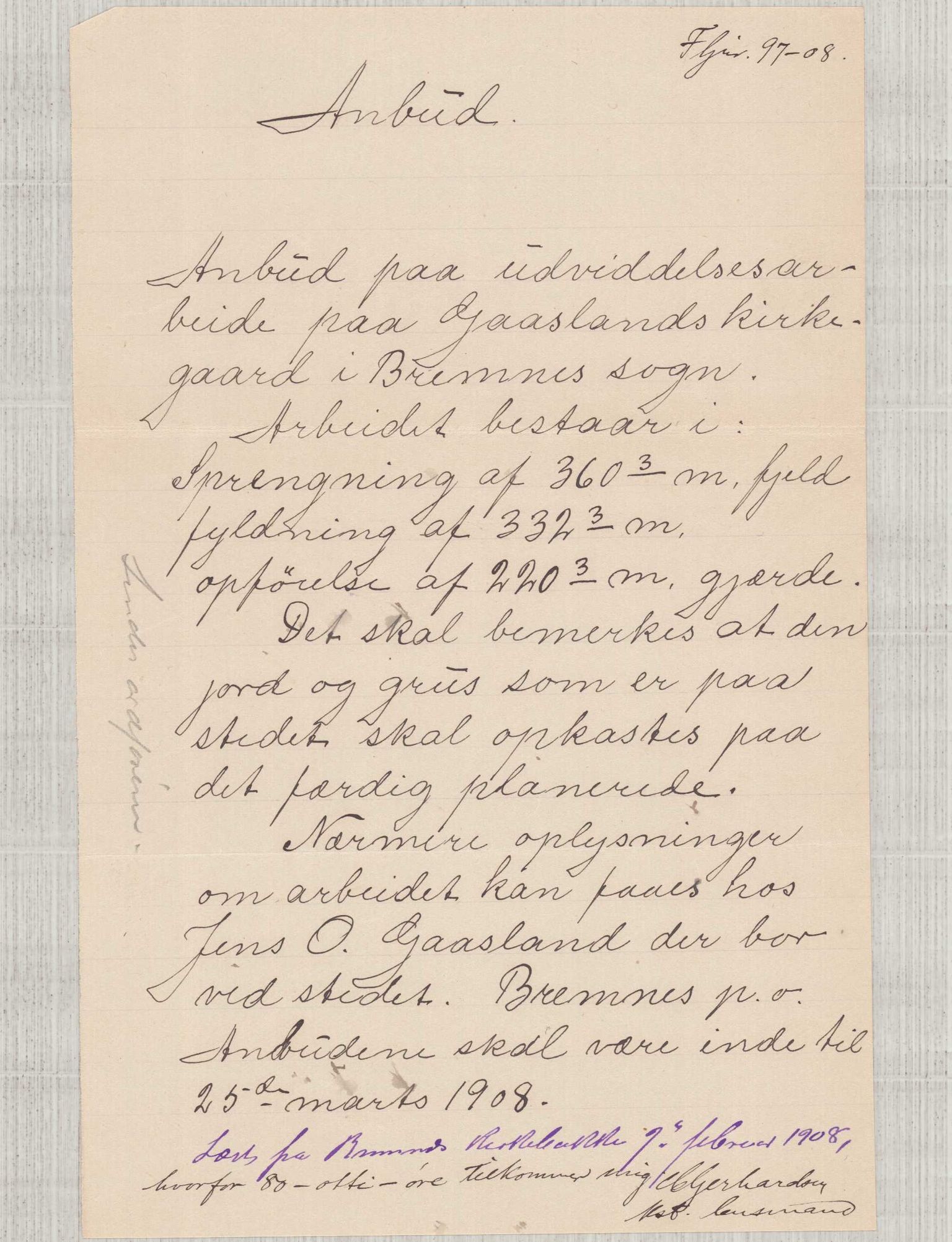 Finnaas kommune. Formannskapet, IKAH/1218a-021/D/Da/L0001/0007: Korrespondanse / saker / Gåsland kyrkjegard, 1906-1908, s. 12