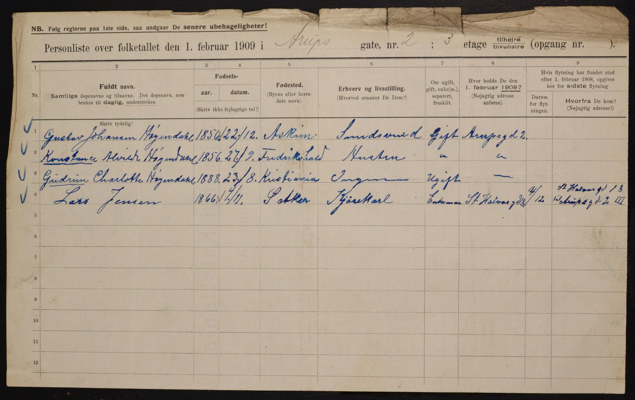 OBA, Kommunal folketelling 1.2.1909 for Kristiania kjøpstad, 1909, s. 2049