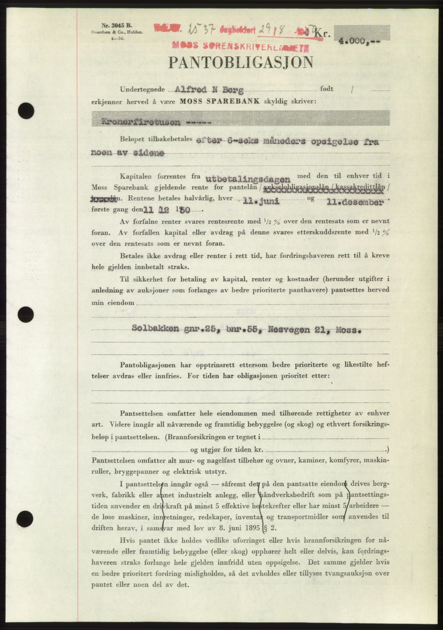 Moss sorenskriveri, SAO/A-10168: Pantebok nr. B25, 1950-1950, Dagboknr: 2537/1950