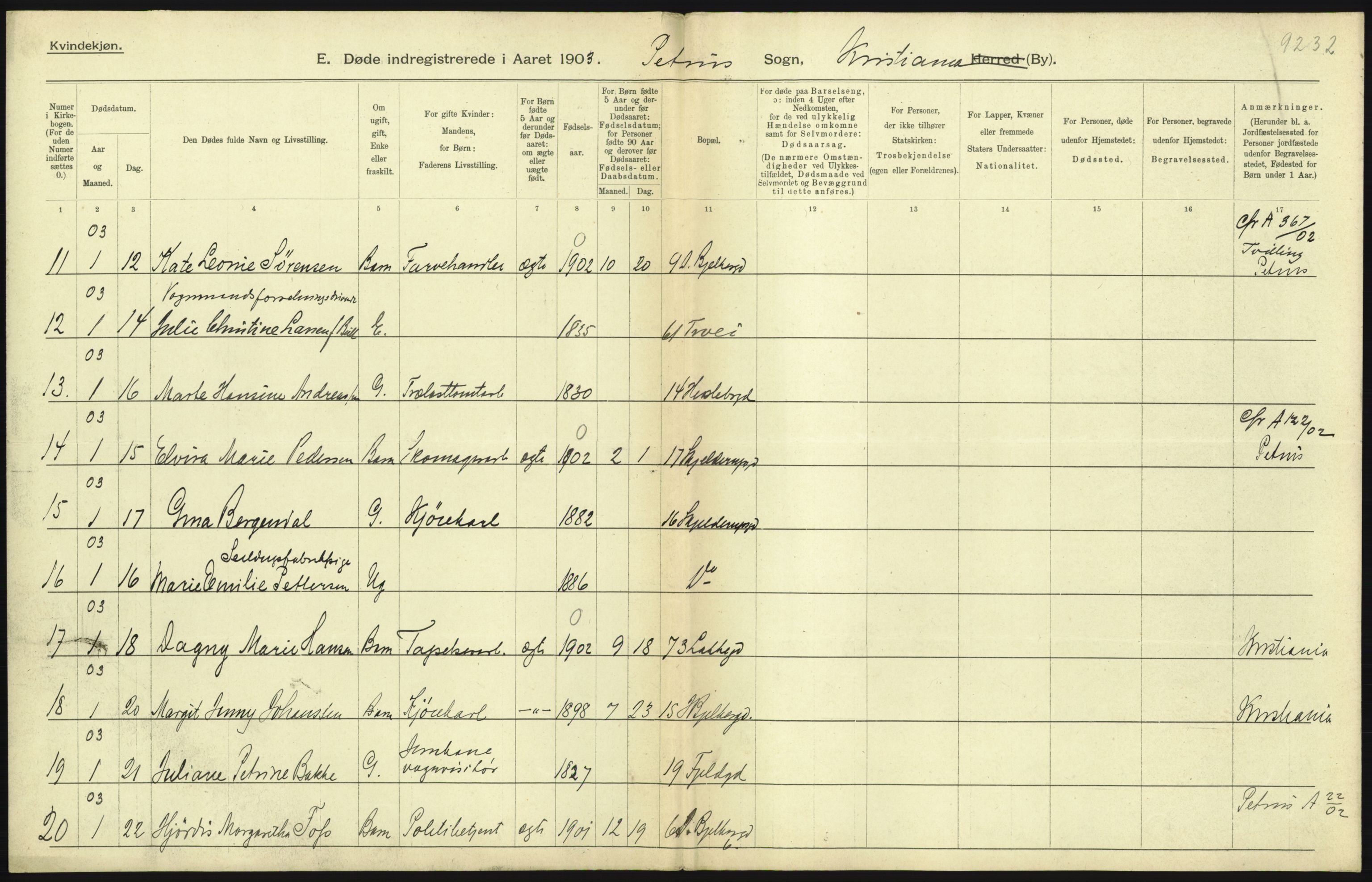 Statistisk sentralbyrå, Sosiodemografiske emner, Befolkning, AV/RA-S-2228/D/Df/Dfa/Dfaa/L0004: Kristiania: Gifte, døde, 1903, s. 331