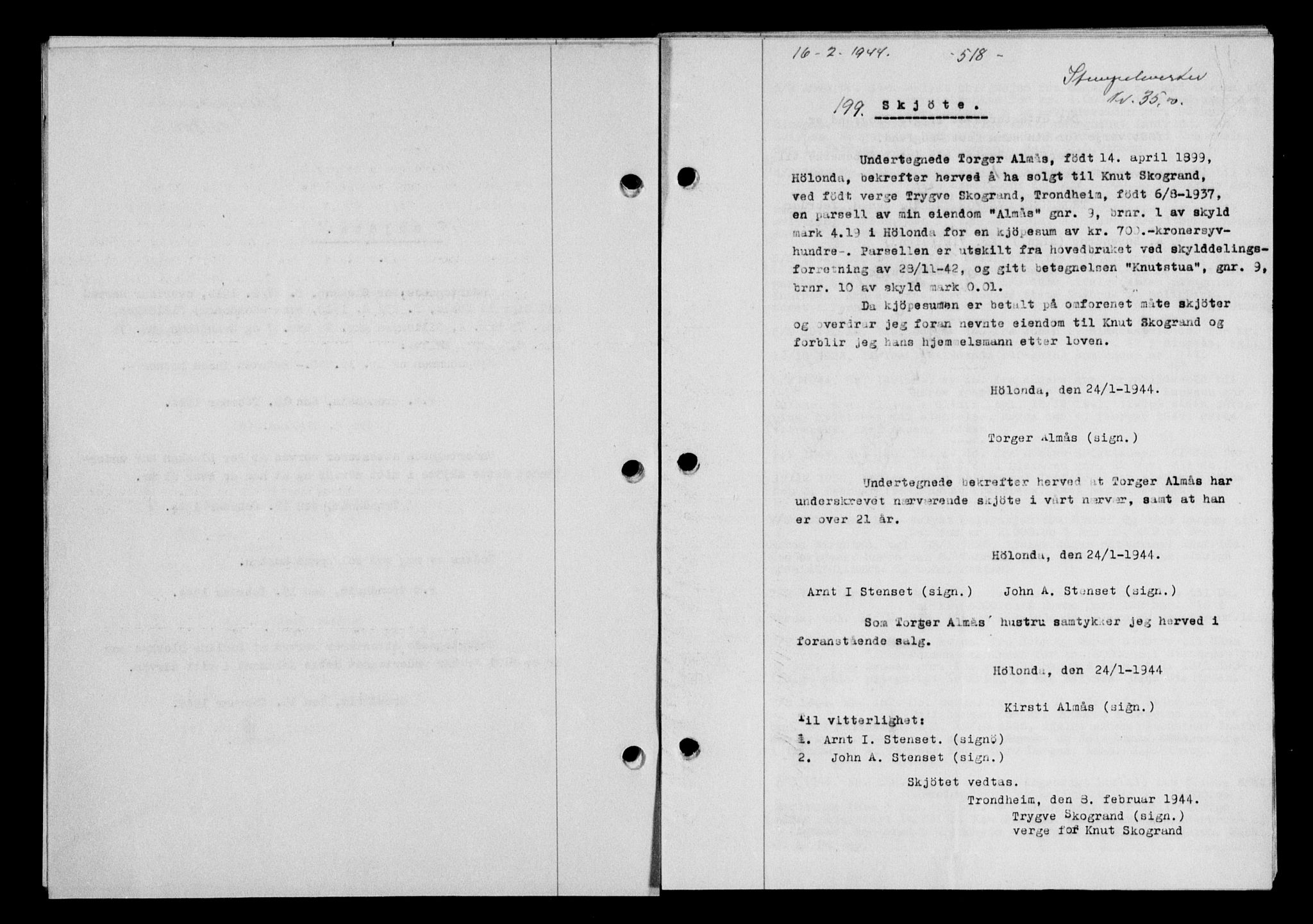 Gauldal sorenskriveri, SAT/A-0014/1/2/2C/L0057: Pantebok nr. 62, 1943-1944, Dagboknr: 199/1944