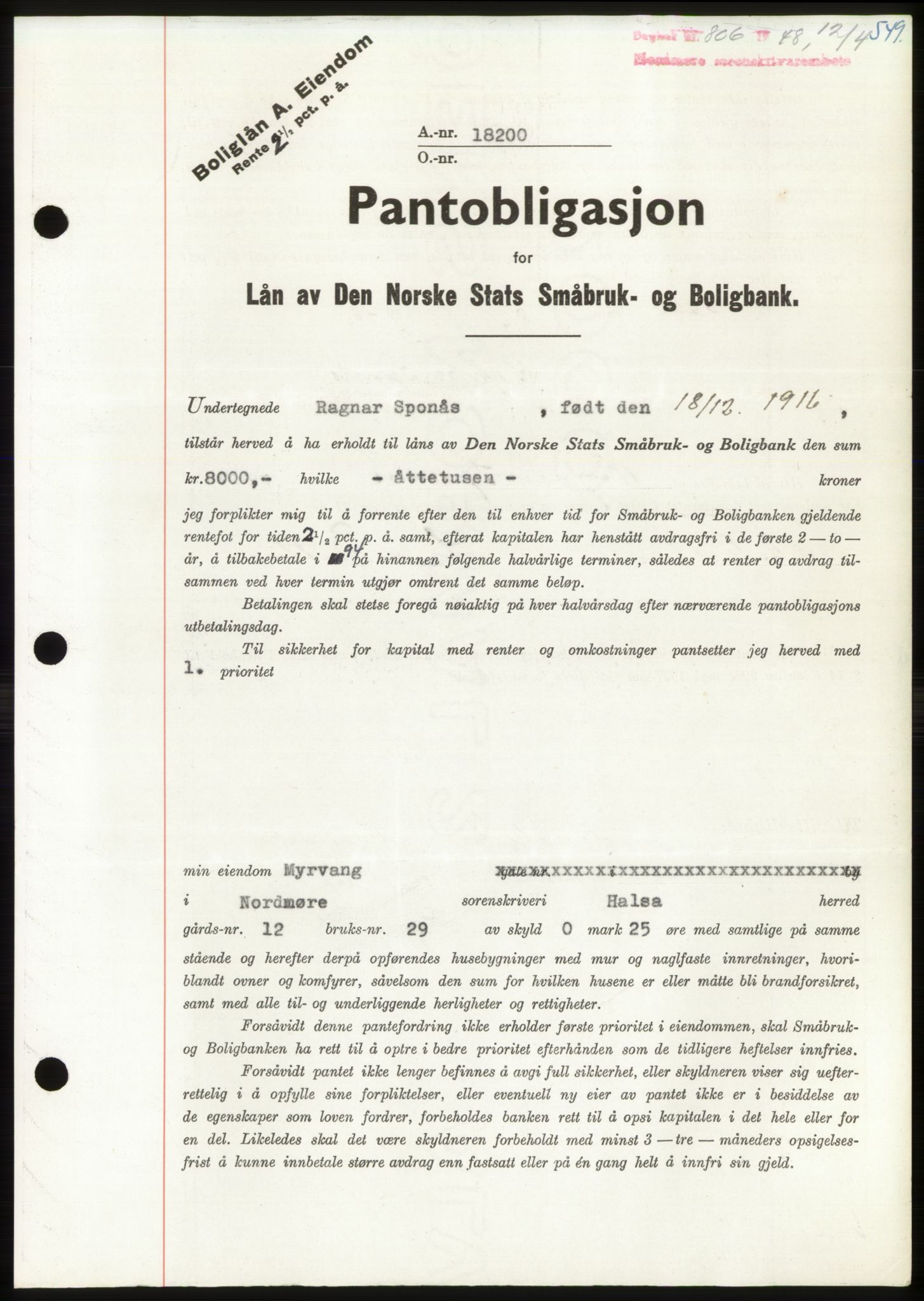 Nordmøre sorenskriveri, SAT/A-4132/1/2/2Ca: Pantebok nr. B98, 1948-1948, Dagboknr: 806/1948