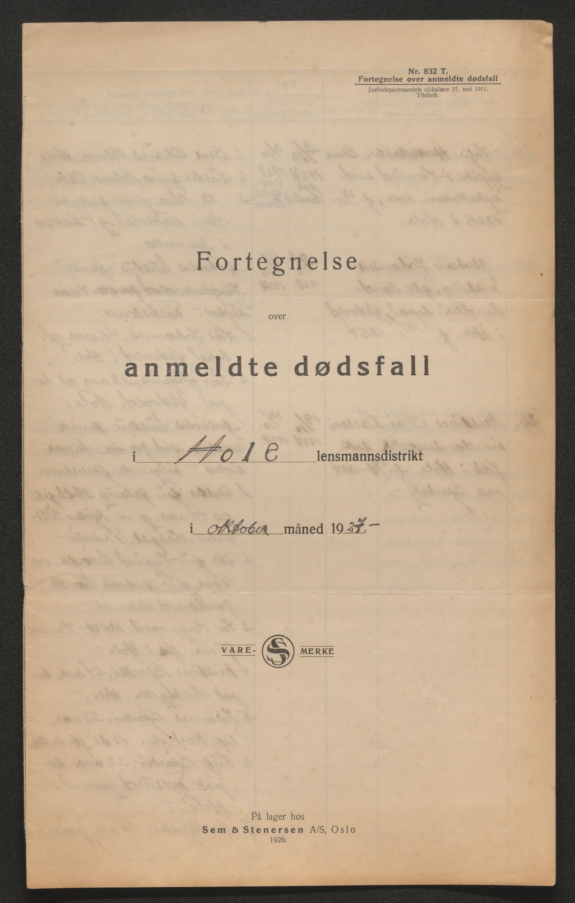 Ringerike sorenskriveri, AV/SAKO-A-105/H/Ha/Hab/L0021: Dødsfallslister Hole, 1926-1932