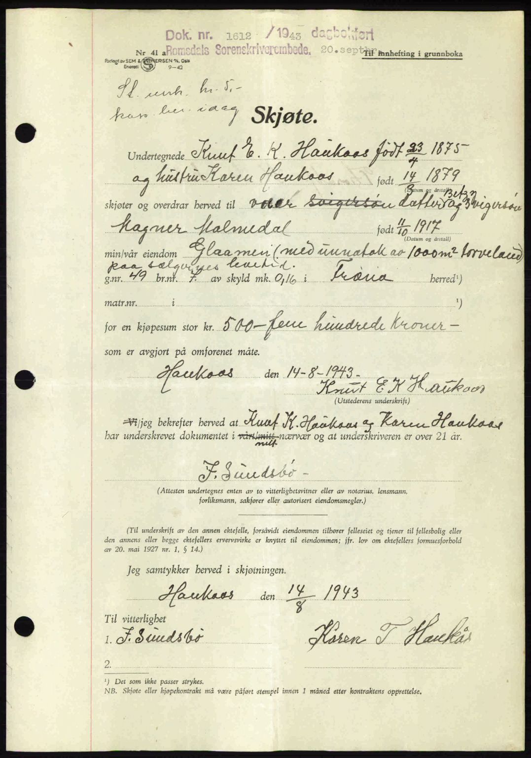 Romsdal sorenskriveri, SAT/A-4149/1/2/2C: Pantebok nr. A14, 1943-1943, Dagboknr: 1612/1943