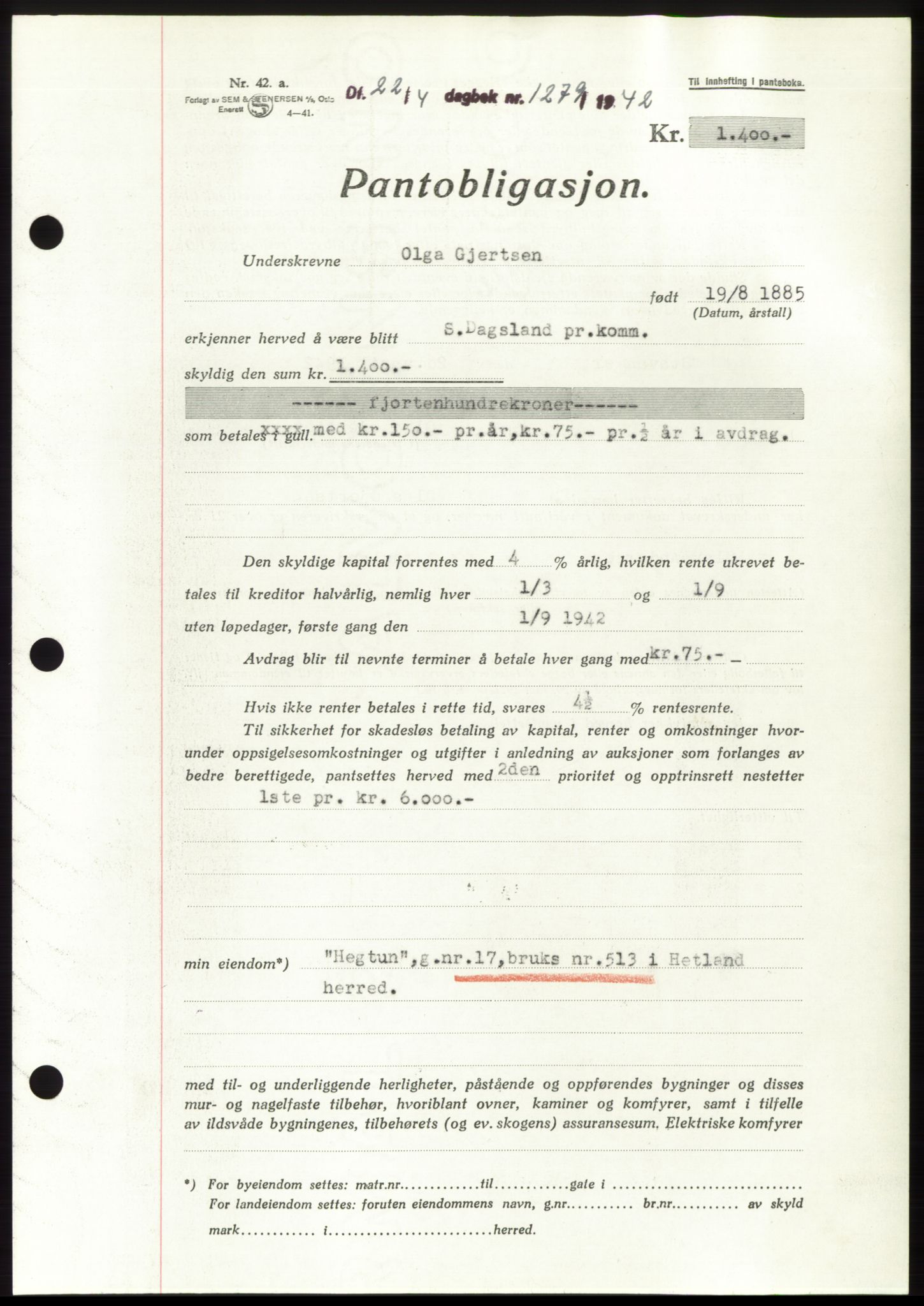 Jæren sorenskriveri, SAST/A-100310/03/G/Gba/L0082: Pantebok, 1942-1942, Dagboknr: 1279/1942