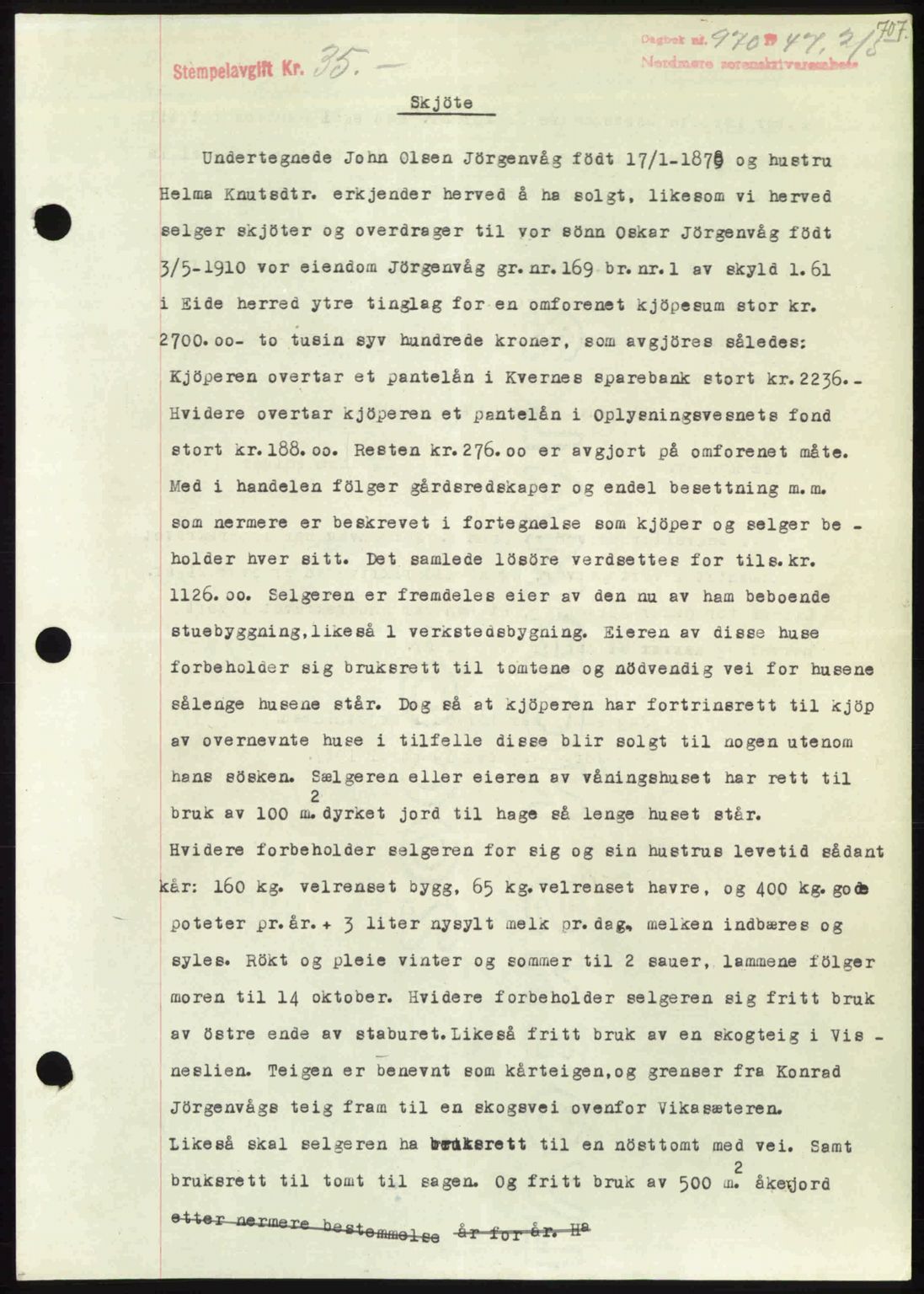 Nordmøre sorenskriveri, SAT/A-4132/1/2/2Ca: Pantebok nr. A104, 1947-1947, Dagboknr: 970/1947