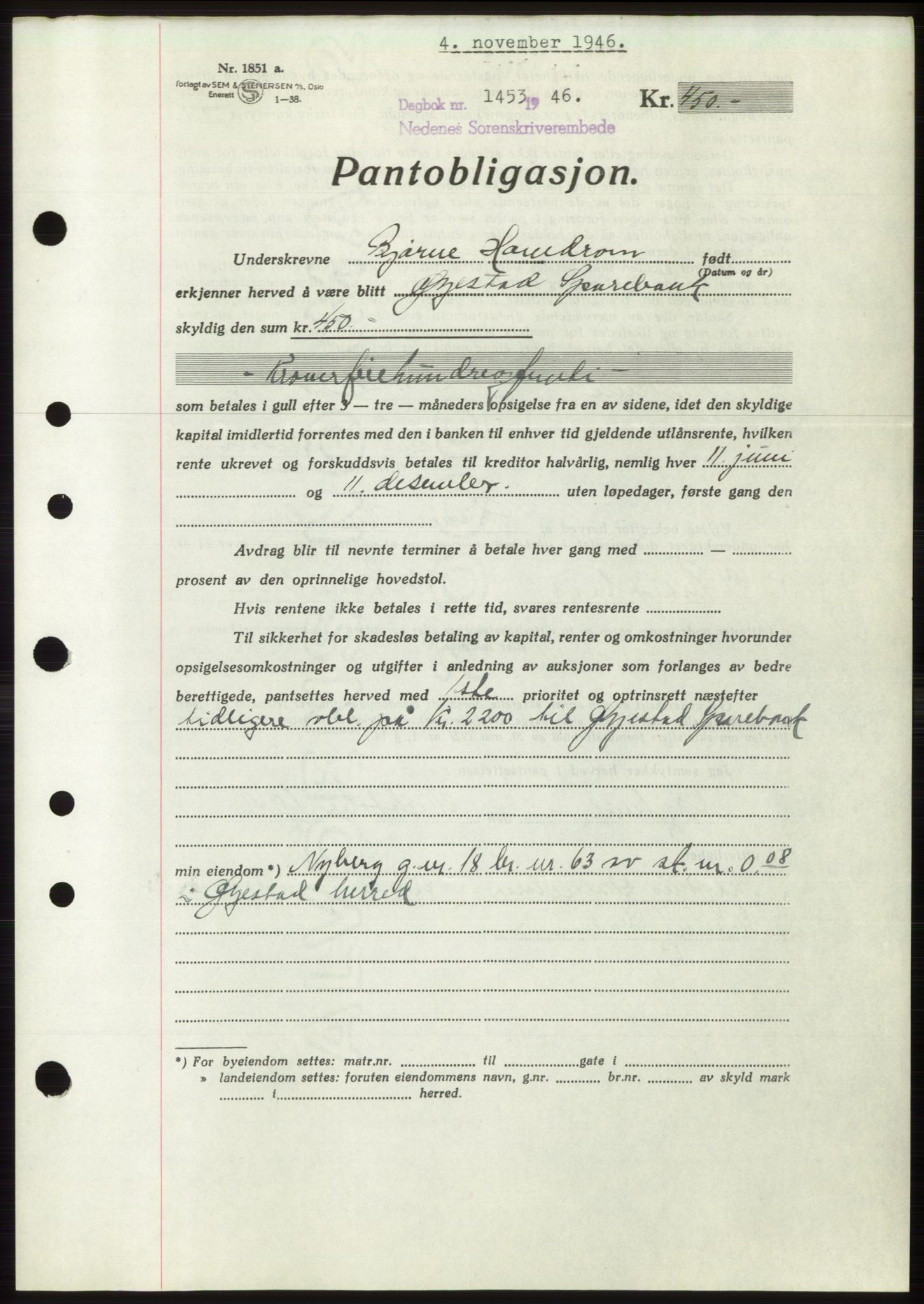 Nedenes sorenskriveri, SAK/1221-0006/G/Gb/Gbb/L0003: Pantebok nr. B3b, 1946-1946, Dagboknr: 1453/1946