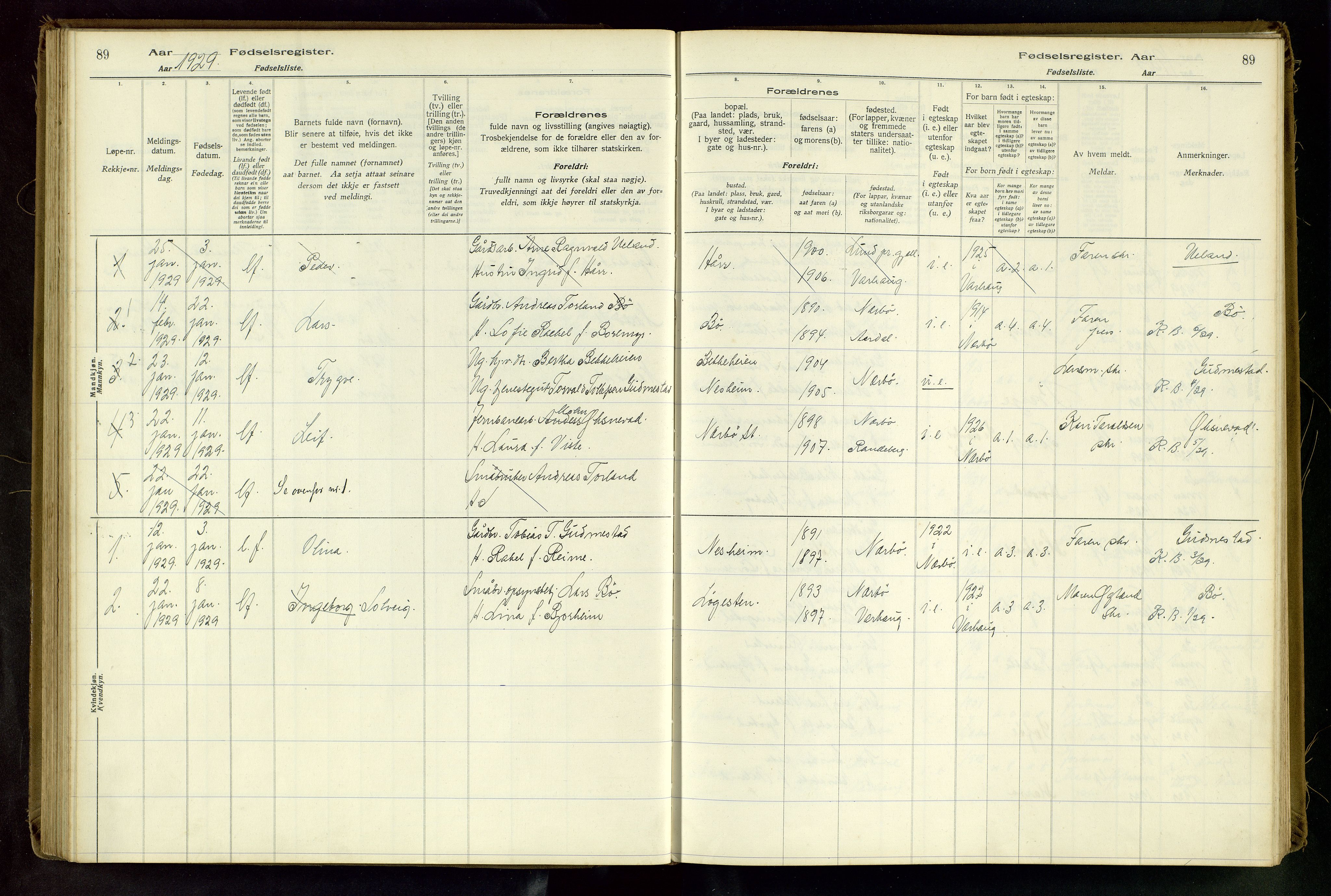 Hå sokneprestkontor, SAST/A-101801/002/C/L0001: Fødselsregister nr. 1, 1916-1945, s. 89