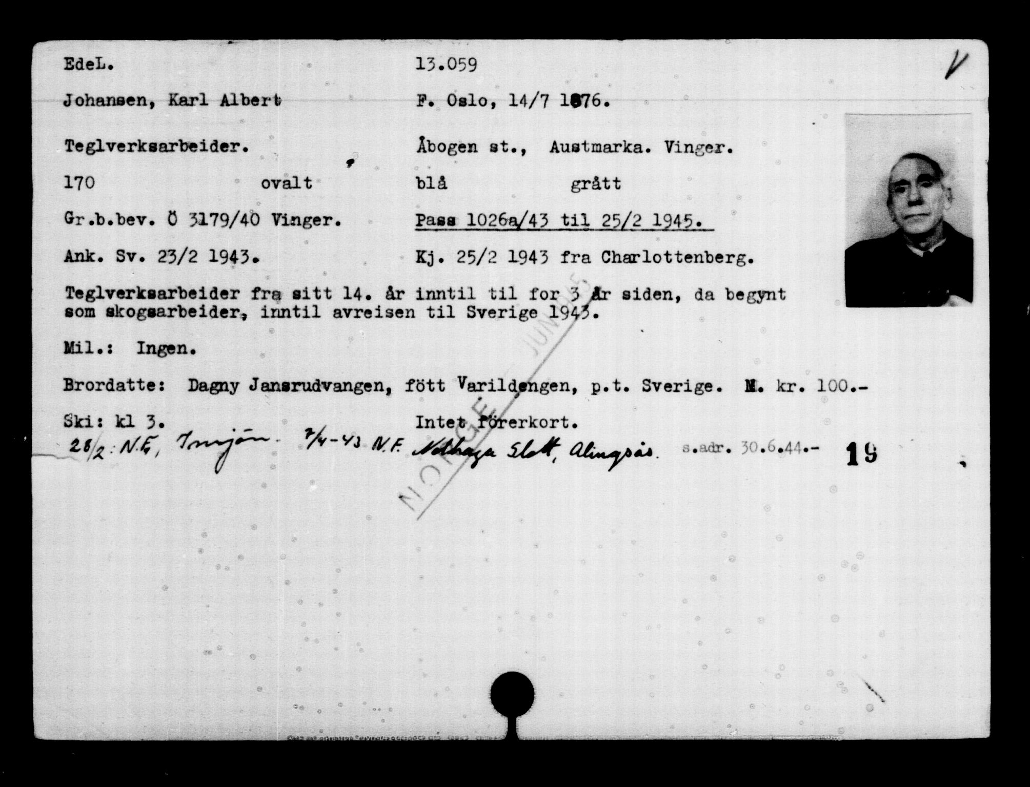 Utenriksstasjonene, Legasjonen i Stockholm, Flyktningkontoret, AV/RA-S-6753/V/Va/L0007: Kjesäterkartoteket, flyktninger med registreringsnr. 12700-15723, 1940-1945, s. 418