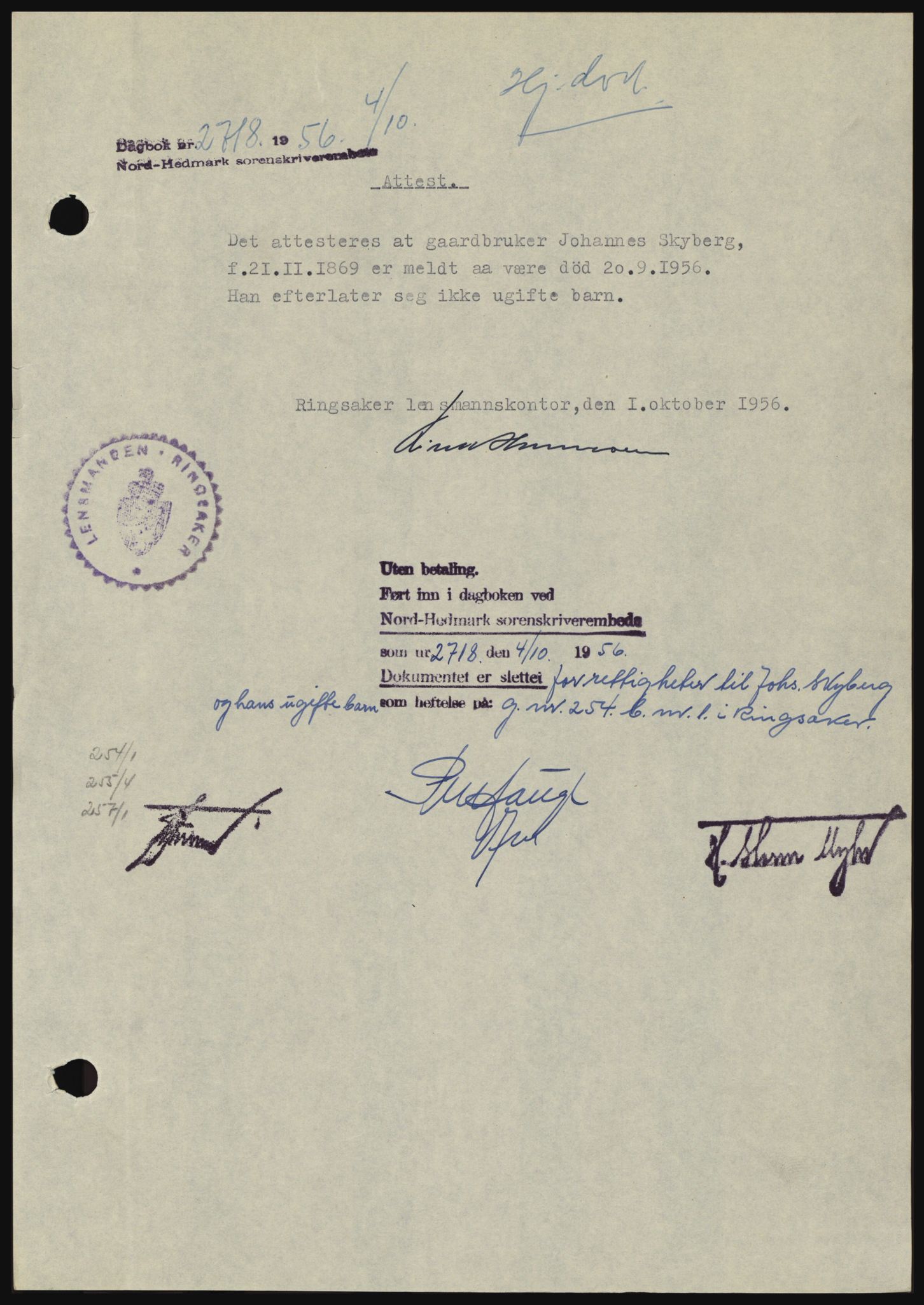 Nord-Hedmark sorenskriveri, SAH/TING-012/H/Hc/L0011: Pantebok nr. 11, 1956-1957, Dagboknr: 2718/1956