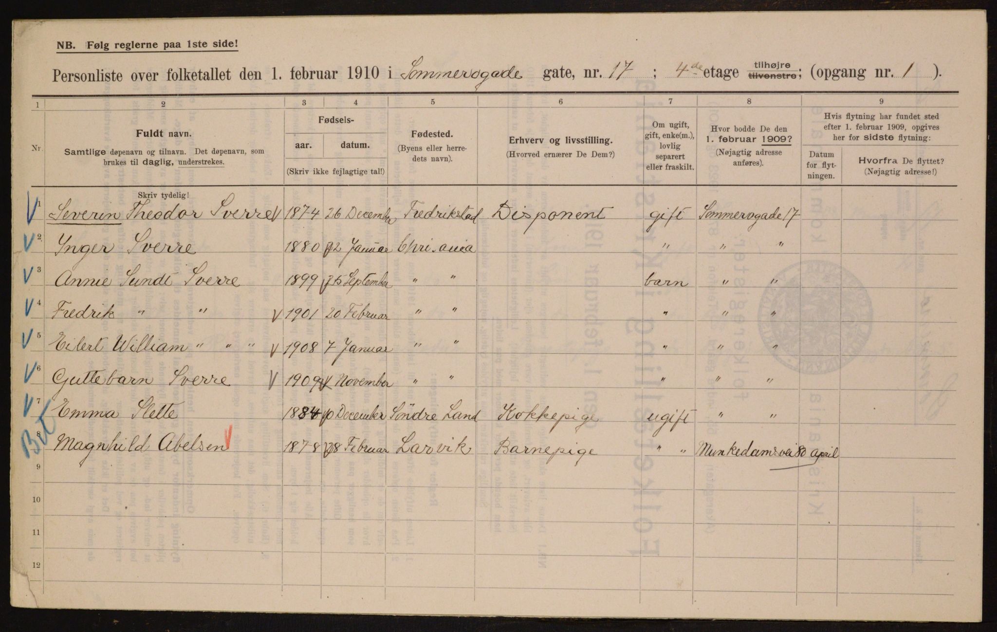 OBA, Kommunal folketelling 1.2.1910 for Kristiania, 1910, s. 95052