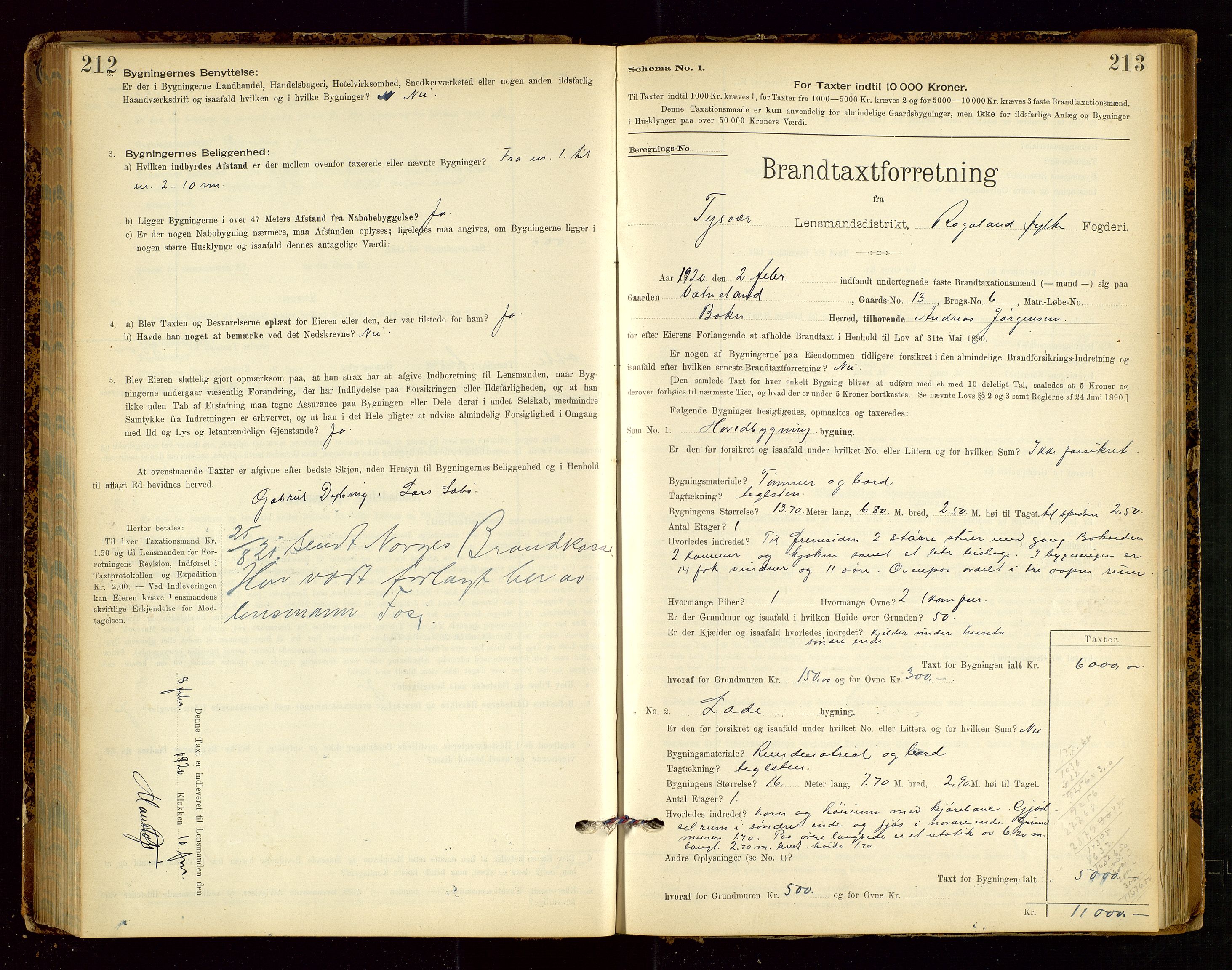 Tysvær lensmannskontor, AV/SAST-A-100192/Gob/L0002: "Brandtakstprotokol for Lensmanden i Tysvær", 1901-1932, s. 212-213