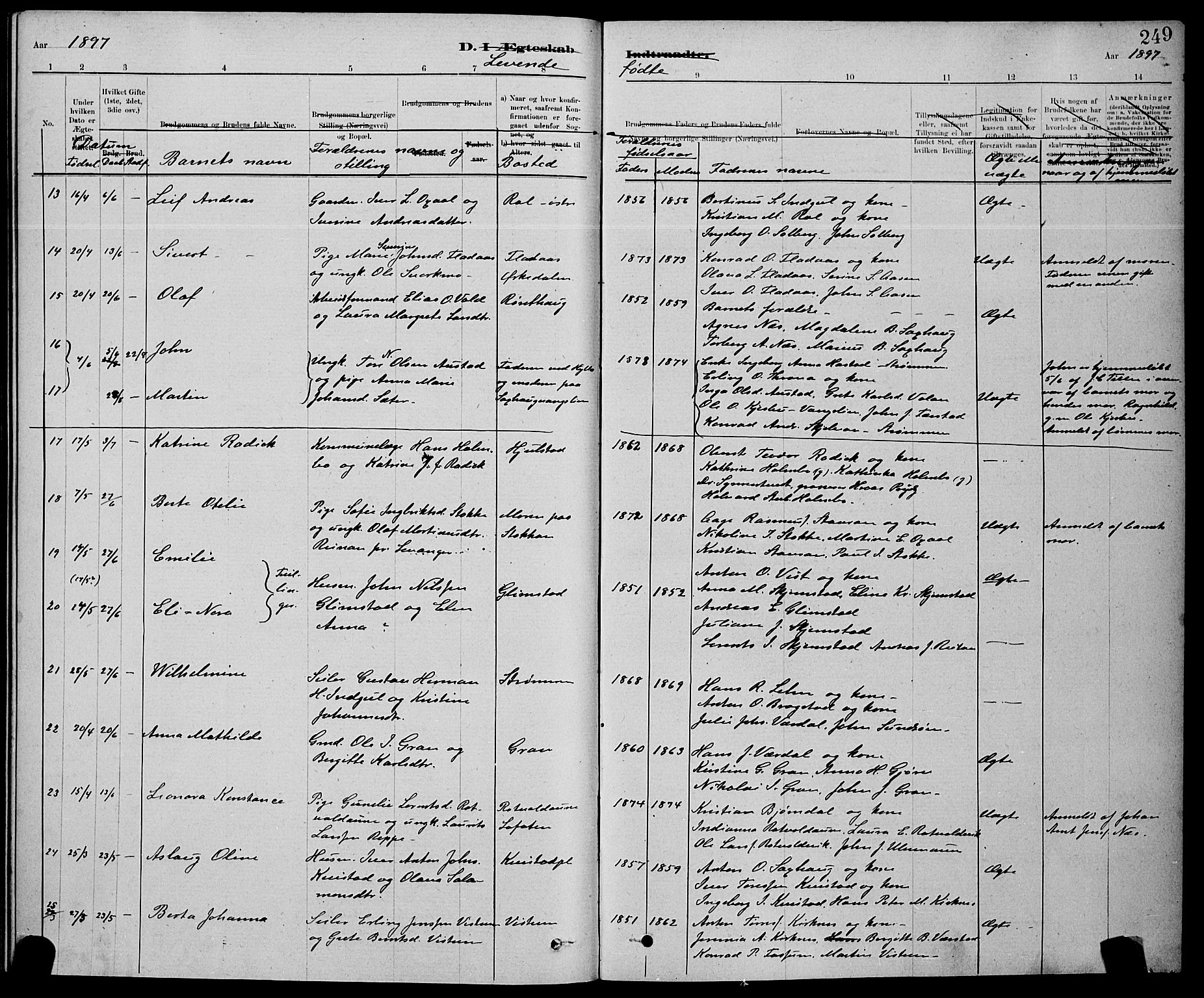 Ministerialprotokoller, klokkerbøker og fødselsregistre - Nord-Trøndelag, SAT/A-1458/730/L0301: Klokkerbok nr. 730C04, 1880-1897, s. 249