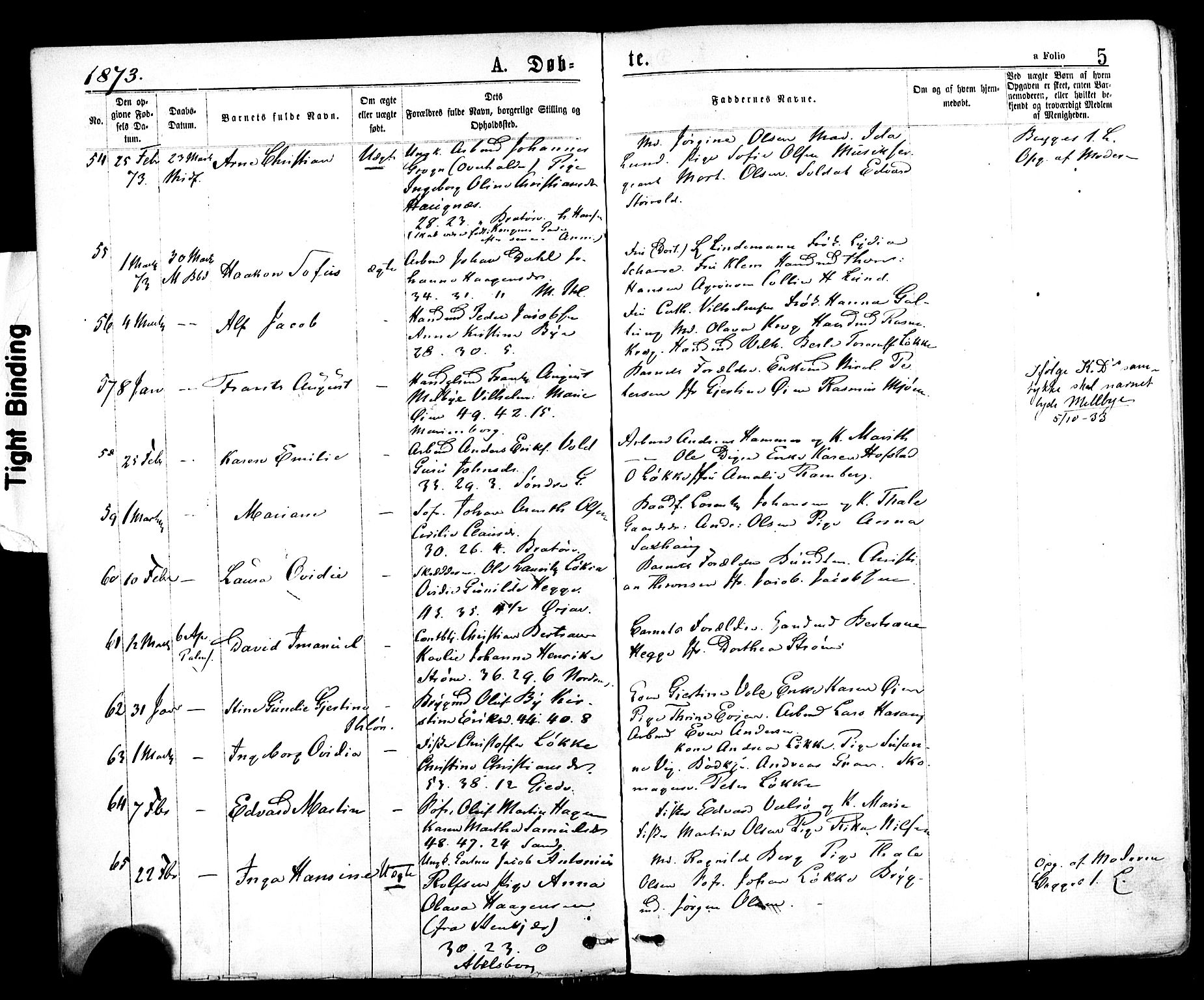 Ministerialprotokoller, klokkerbøker og fødselsregistre - Sør-Trøndelag, AV/SAT-A-1456/602/L0118: Ministerialbok nr. 602A16, 1873-1879, s. 5