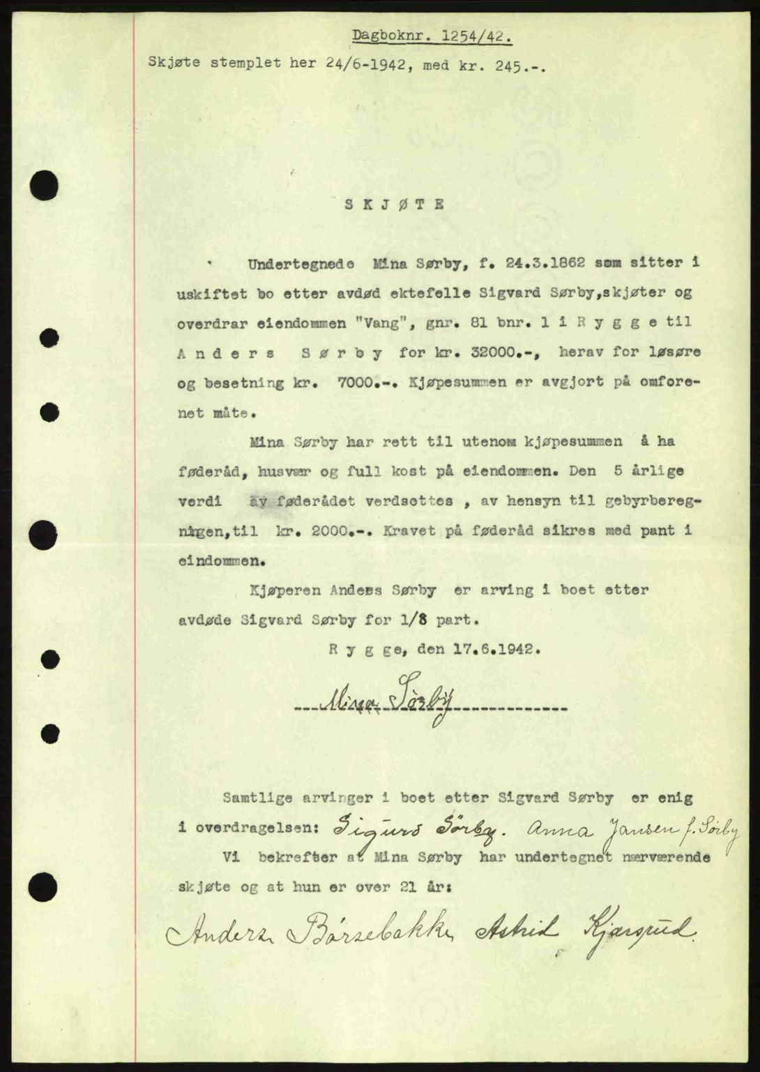 Moss sorenskriveri, SAO/A-10168: Pantebok nr. A9, 1941-1942, Dagboknr: 1254/1942