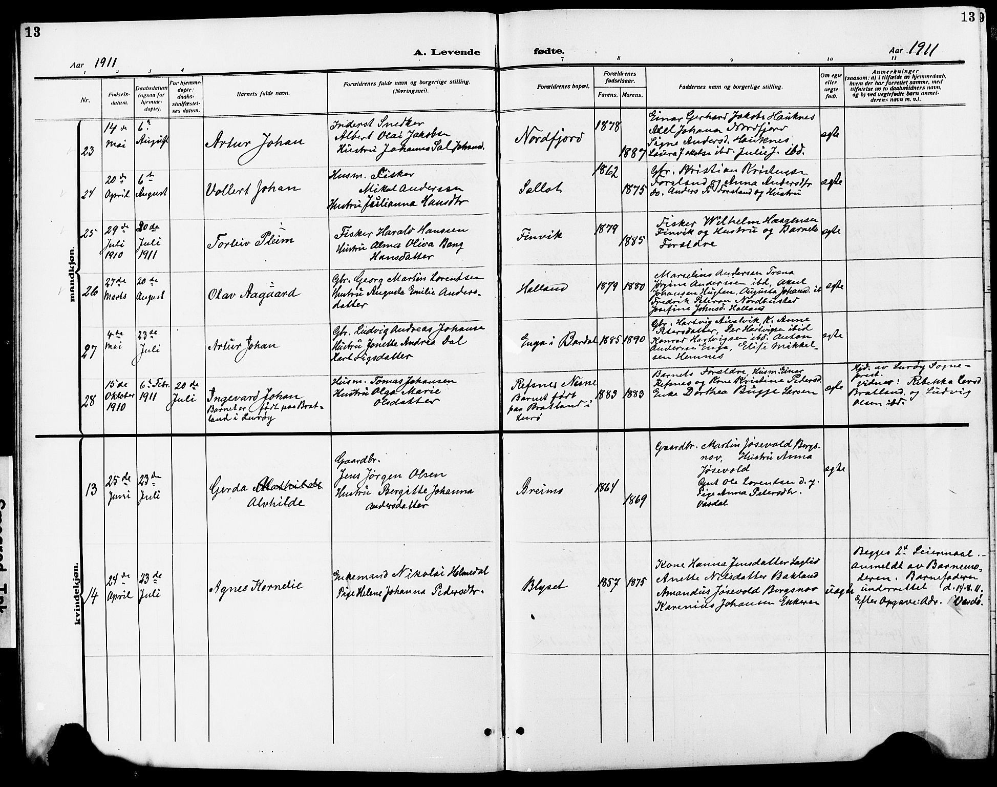 Ministerialprotokoller, klokkerbøker og fødselsregistre - Nordland, SAT/A-1459/838/L0560: Klokkerbok nr. 838C07, 1910-1928, s. 13