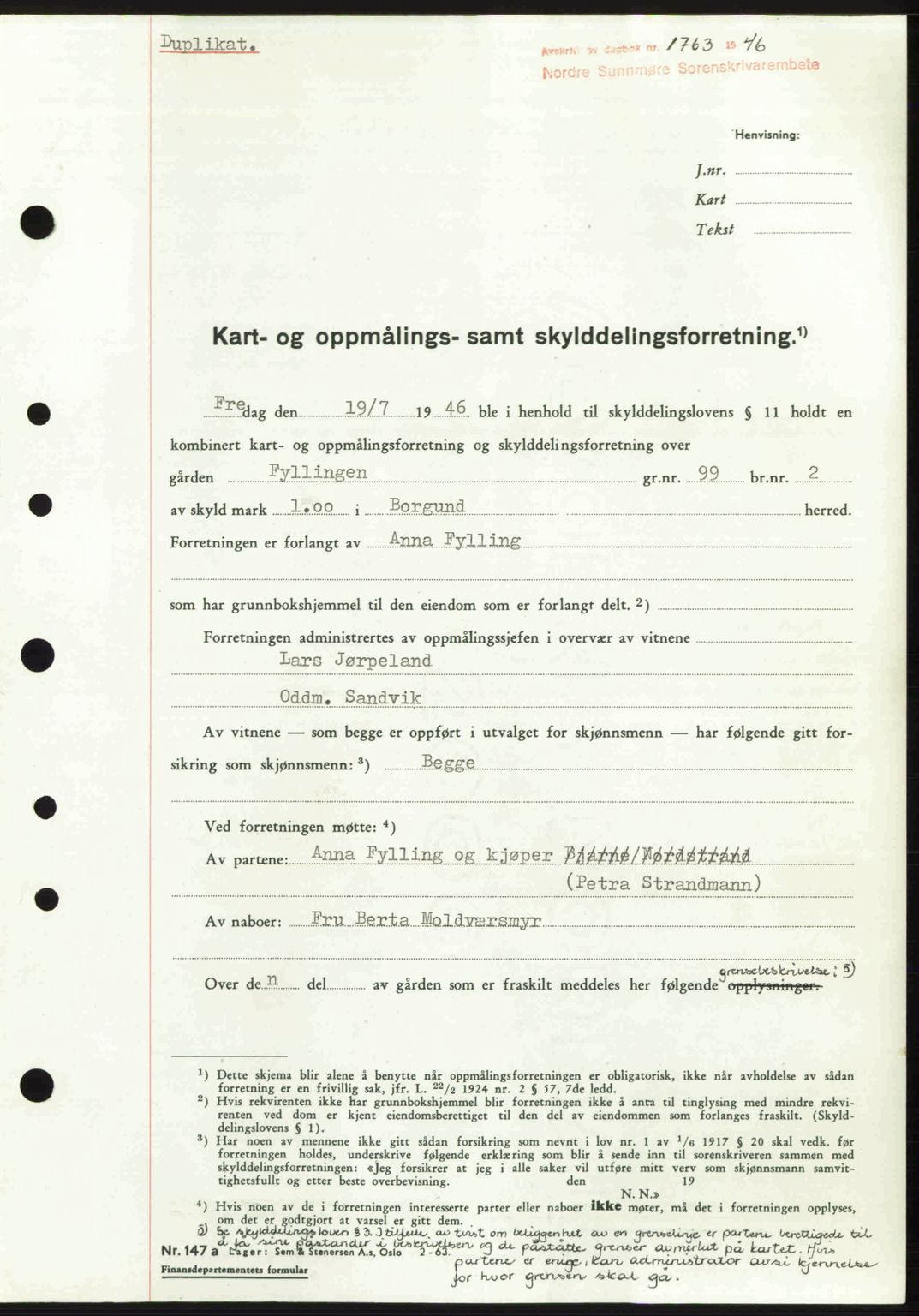 Nordre Sunnmøre sorenskriveri, SAT/A-0006/1/2/2C/2Ca: Pantebok nr. A22, 1946-1946, Dagboknr: 1763/1946