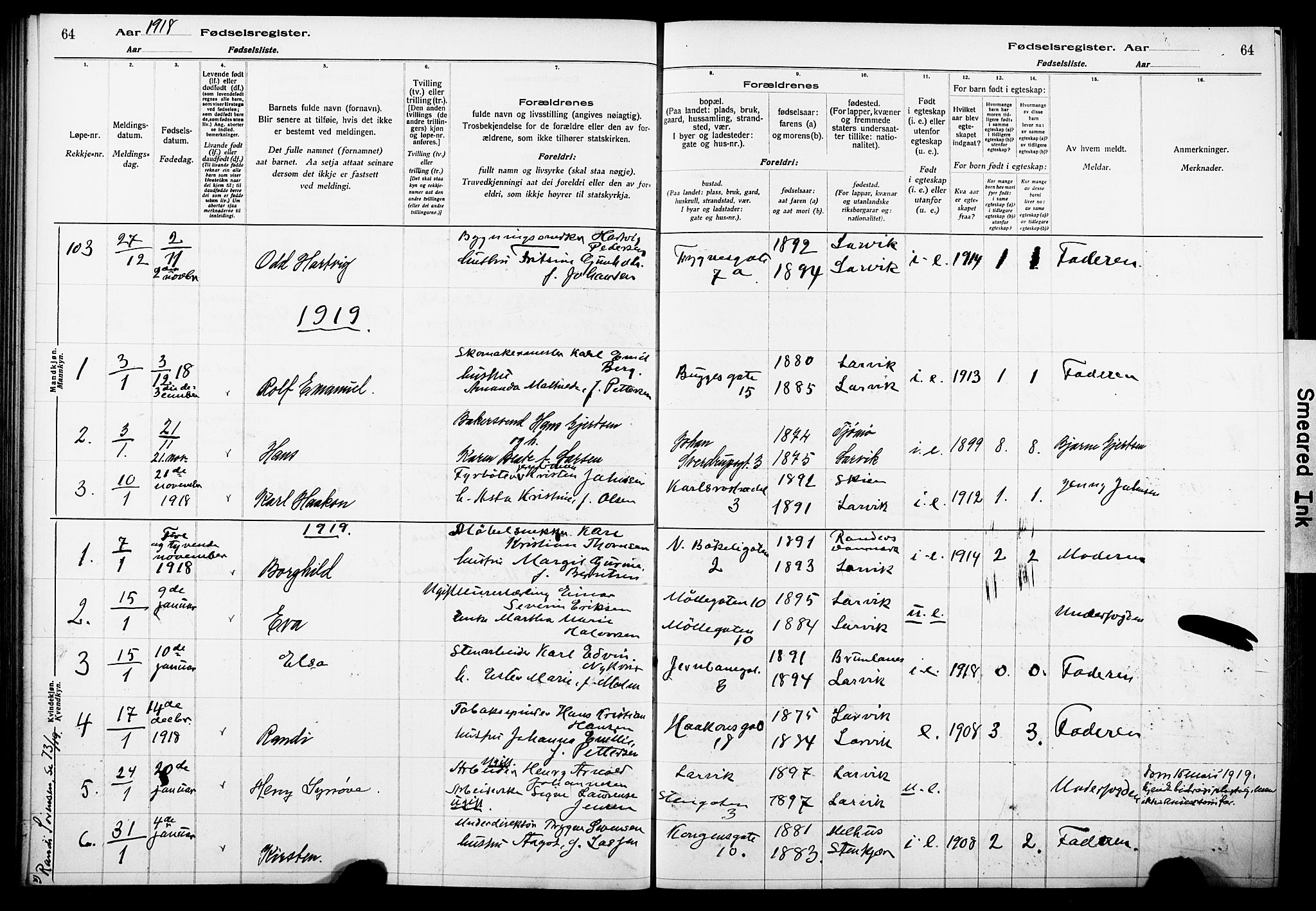 Larvik kirkebøker, AV/SAKO-A-352/J/Ja/L0001: Fødselsregister nr. I 1, 1916-1926, s. 64