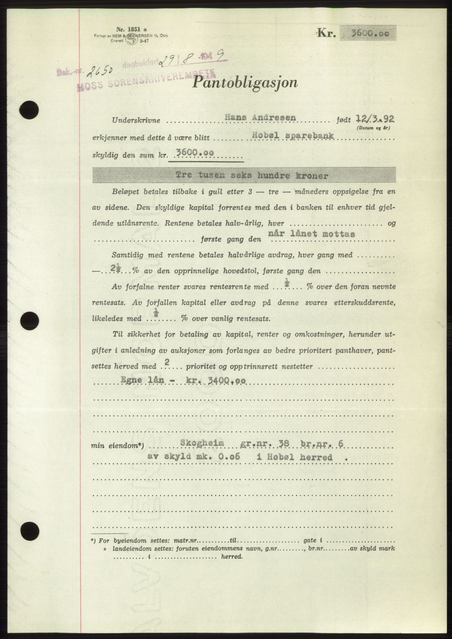 Moss sorenskriveri, SAO/A-10168: Pantebok nr. B22, 1949-1949, Dagboknr: 2650/1949