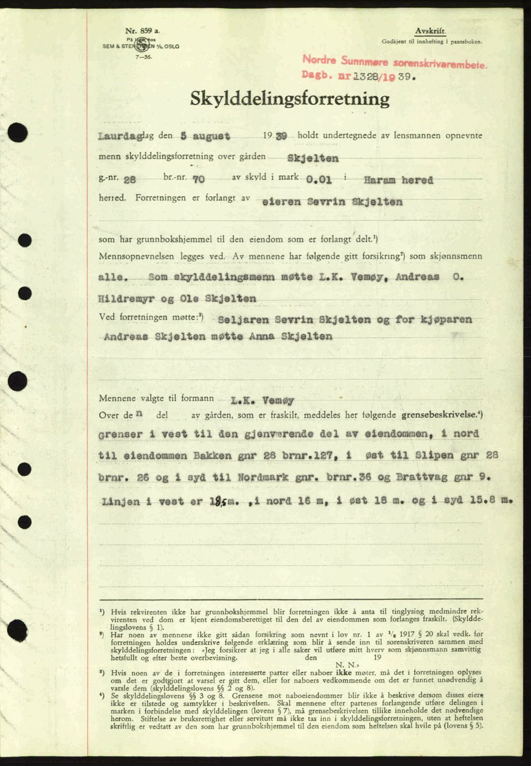 Nordre Sunnmøre sorenskriveri, SAT/A-0006/1/2/2C/2Ca: Pantebok nr. A7, 1939-1939, Dagboknr: 1328/1939